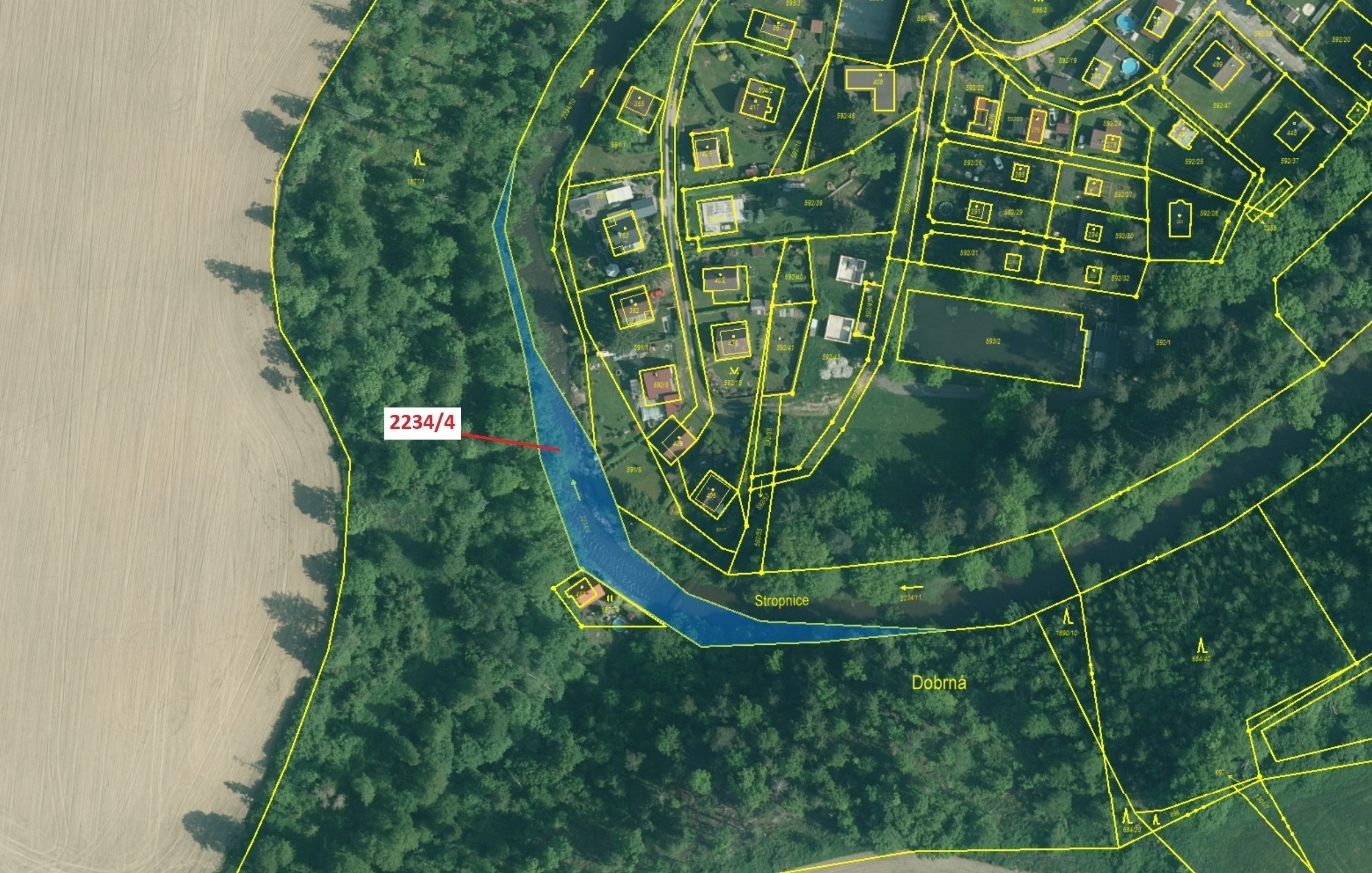 Vodní plocha o výměře 1687 m2, podíl 1/1, katastrální území Dolní Stropnice, obec Římov, obec s rozš