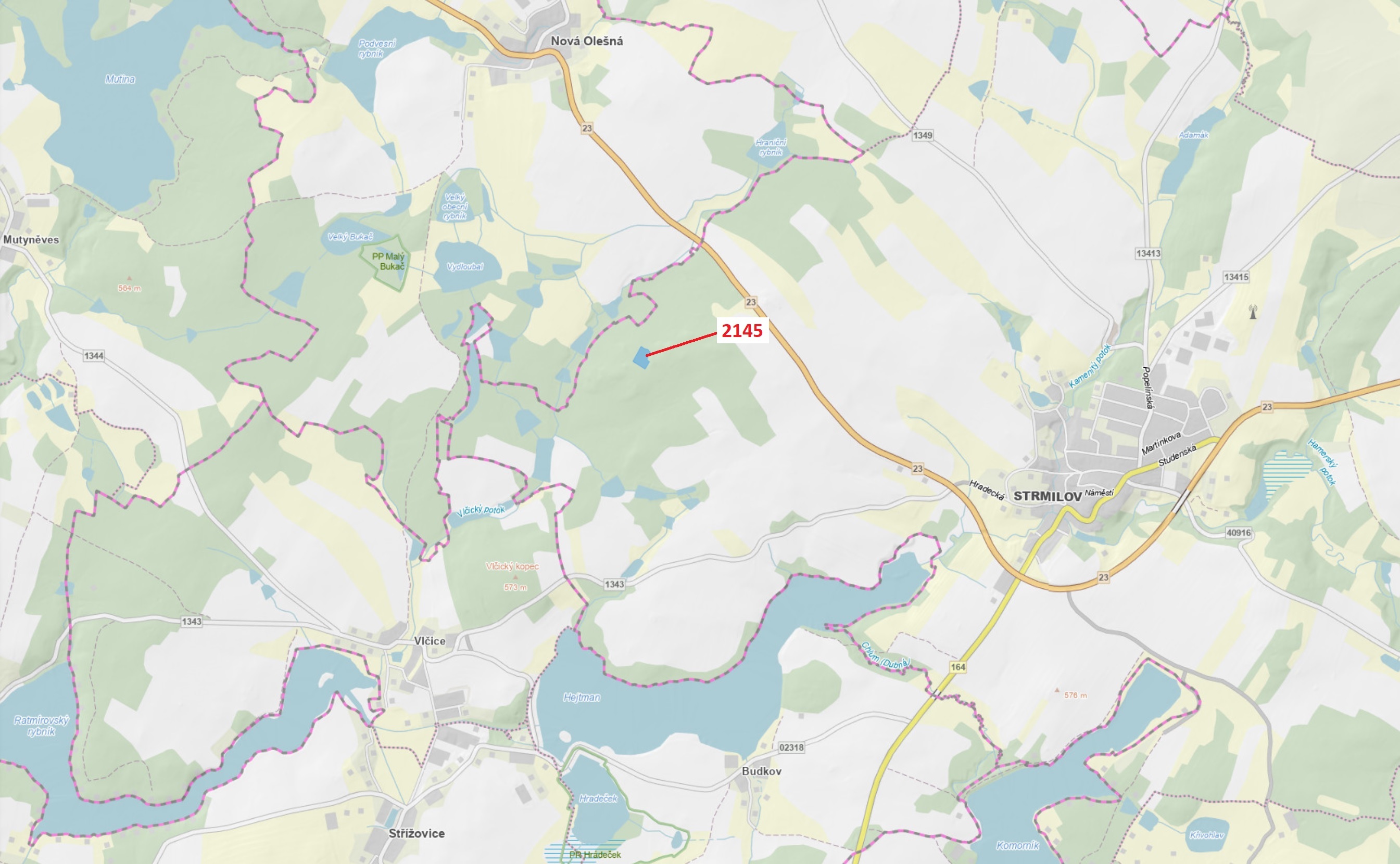 Lesní pozemek o výměře 5413 m2, podíl 1/1, katastrální území Strmilov, obec Strmilov, obec s rozšíře