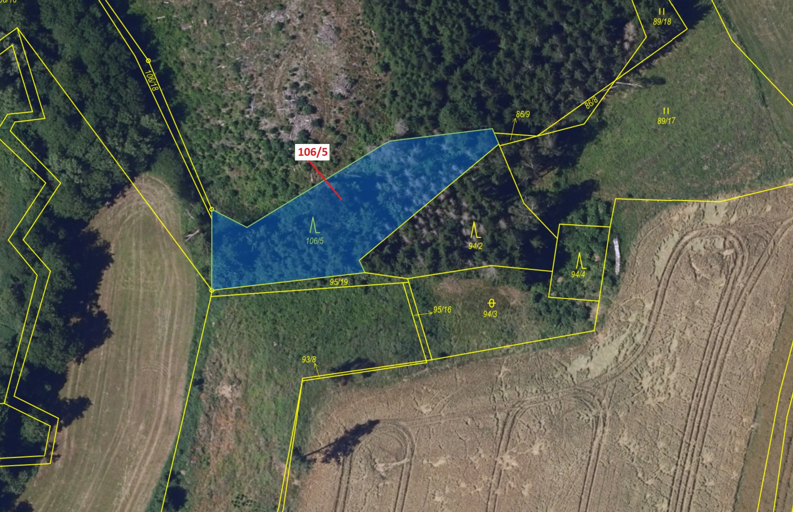 Lesní pozemek o výměře 1408 m2, podíl 1/1, katastrální území Macourov, obec Žižkovo Pole, obec s roz