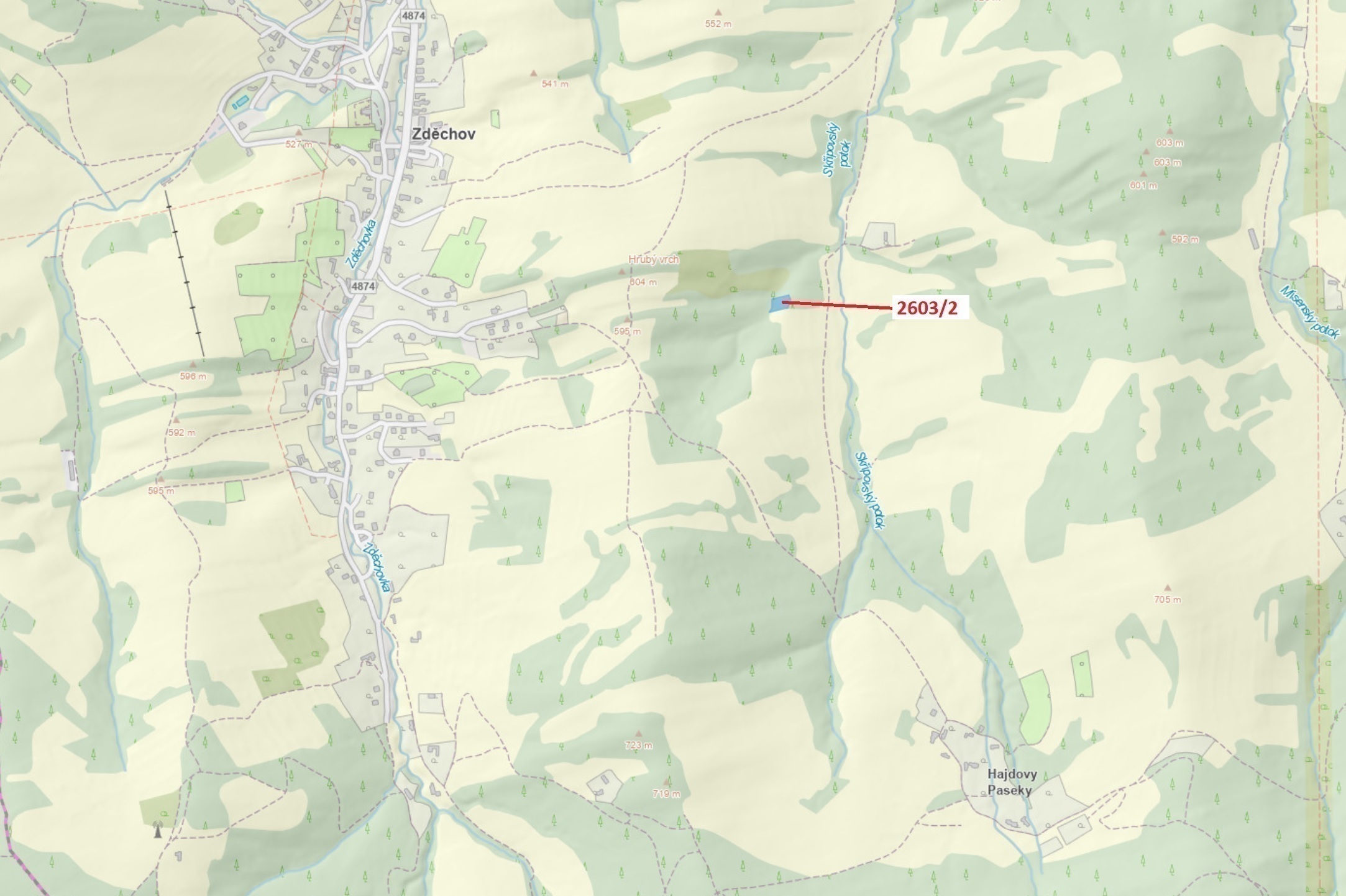 Lesní pozemek o výměře 1036 m2, podíl 1/1, katastrální území Zděchov, obec Zděchov, obec s rozšířeno