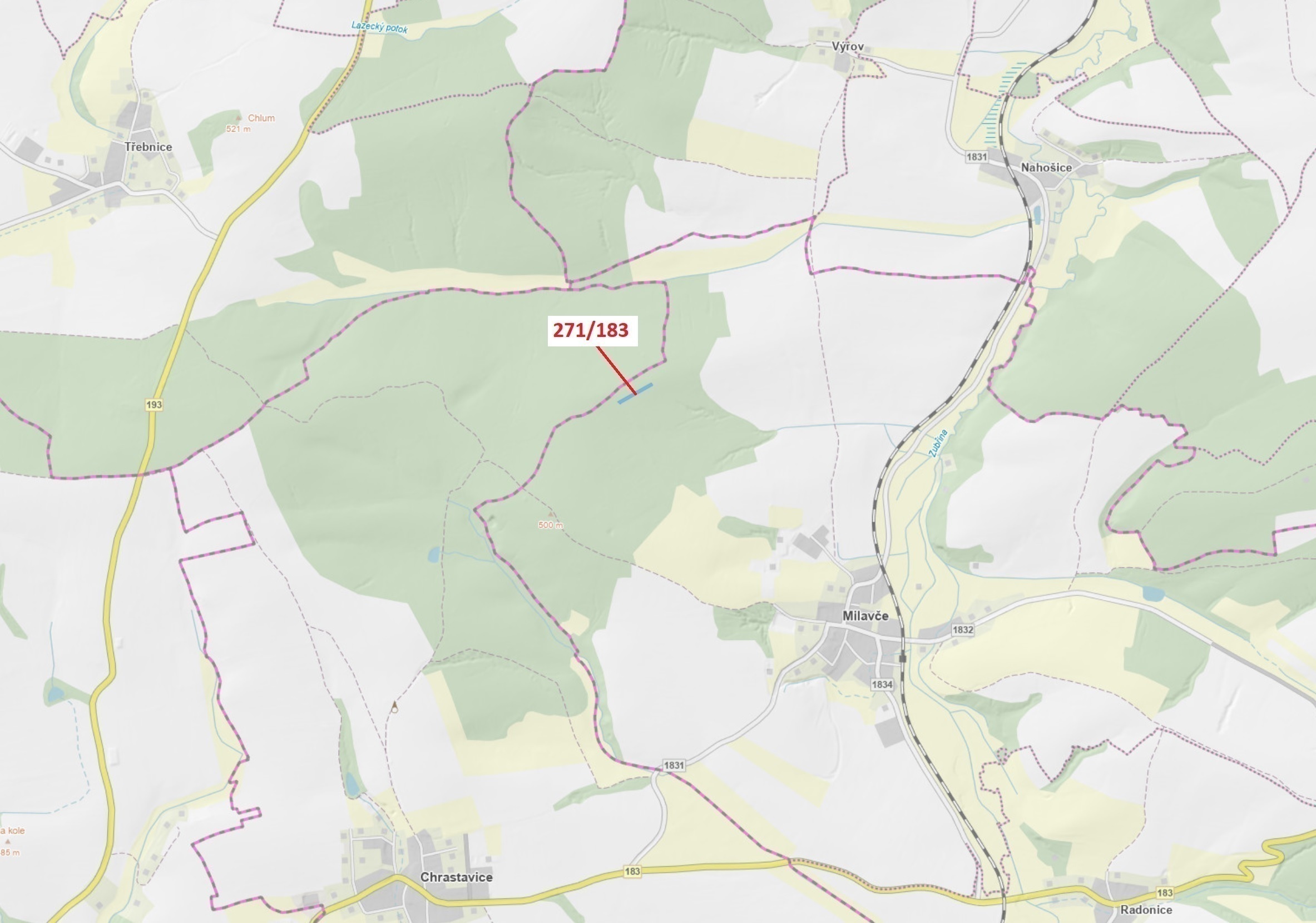 Lesní pozemek o výměře 2 398 m2, podíl 1/1, katastrální území Milavče, obec Milavče, obec s rozšířen