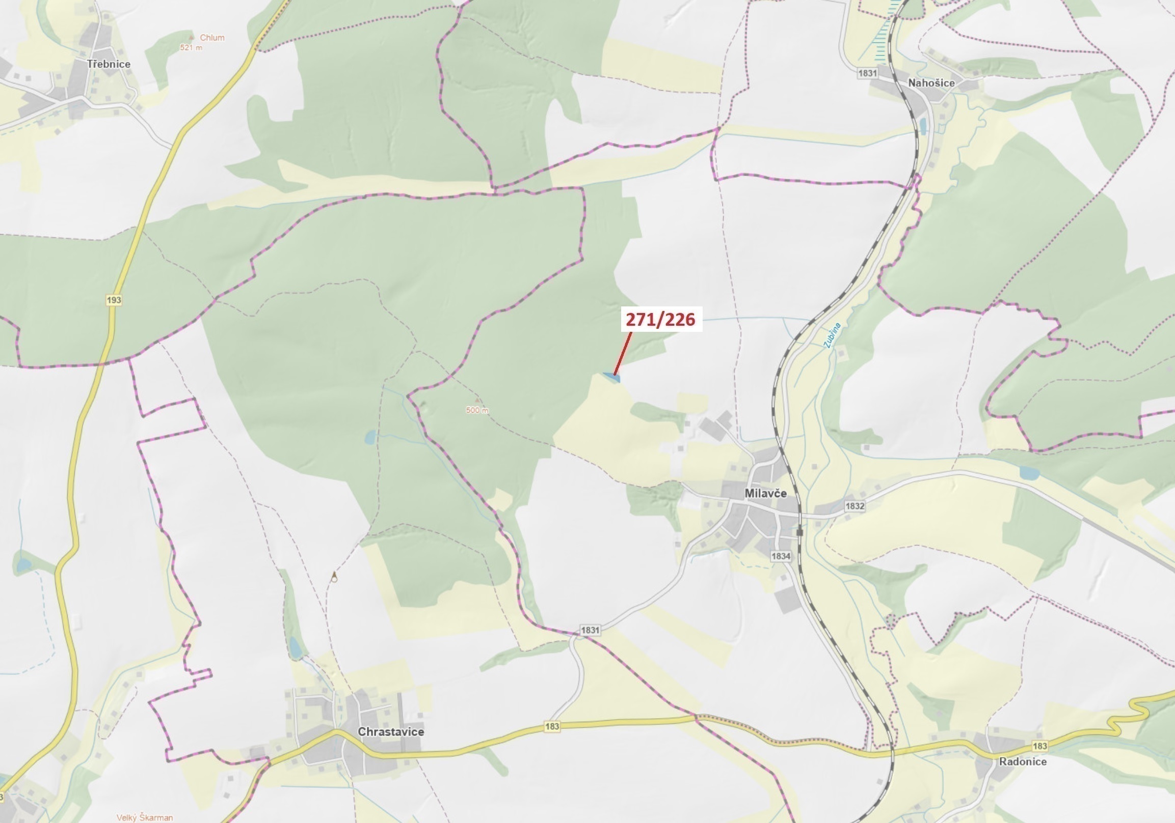 Lesní pozemek o výměře 1643 m2, podíl 1/1, katastrální území Milavče, obec Milavče, obec s rozšířeno