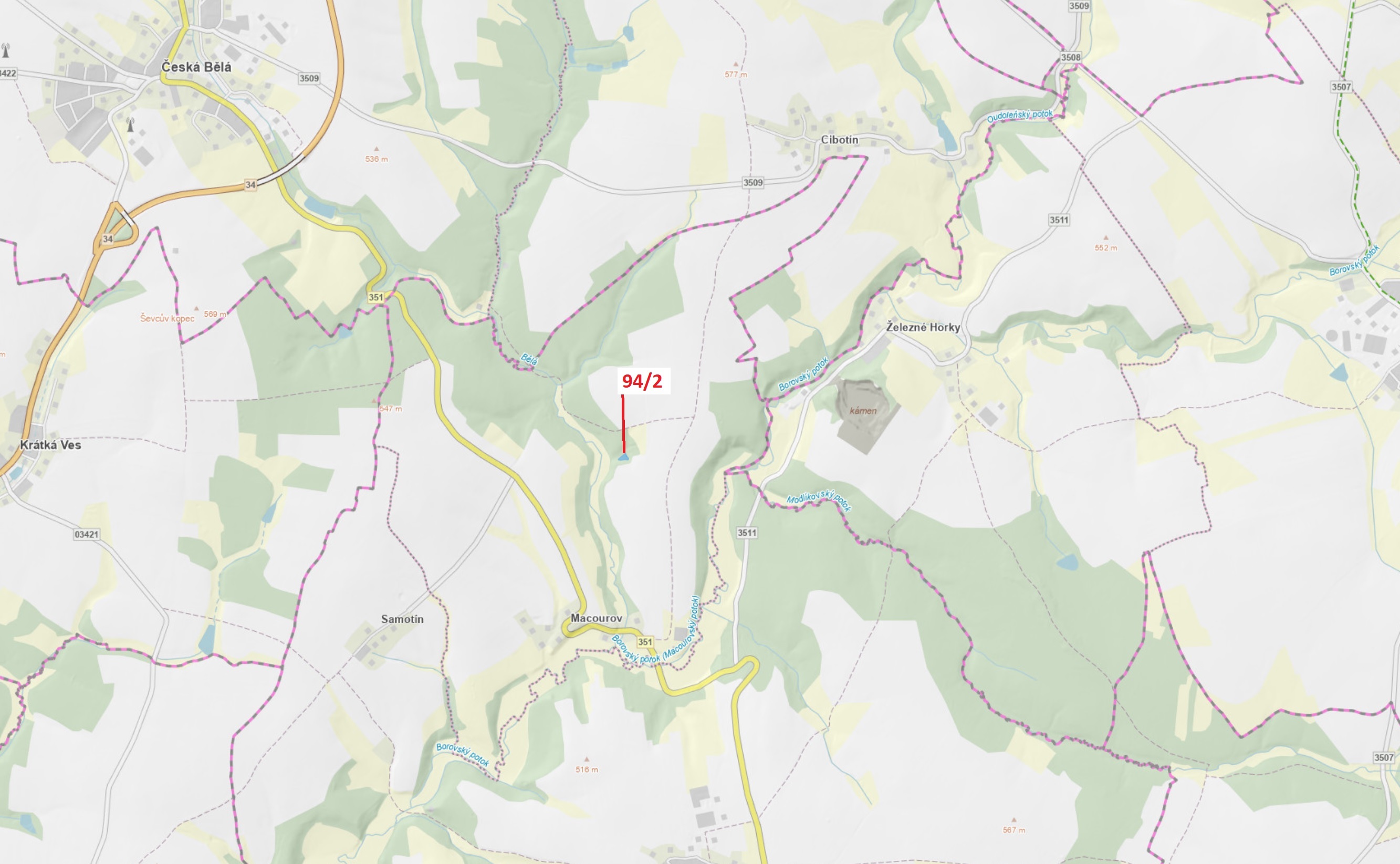 Lesní pozemek o výměře 909 m2, podíl 1/1, katastrální území Macourov, obec Žižkovo Pole, obec s rozš