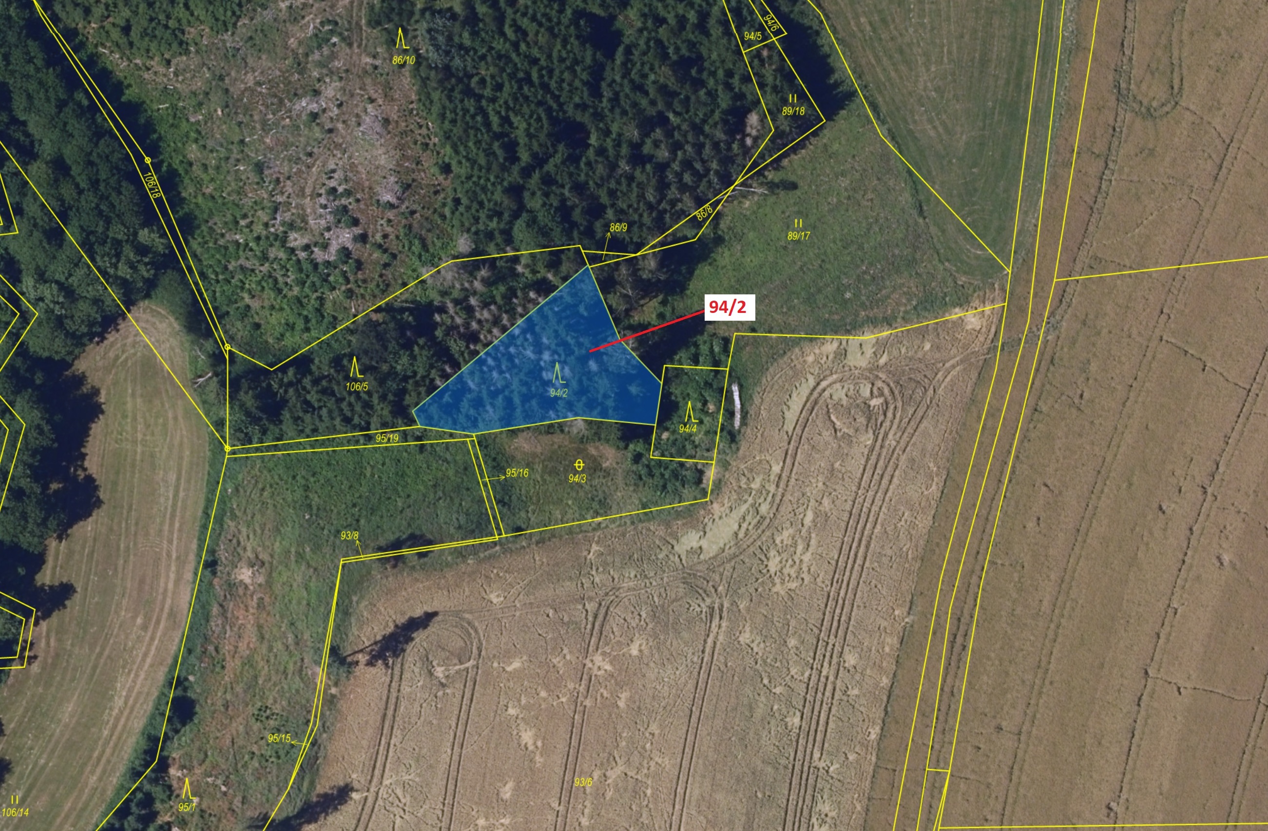 Lesní pozemek o výměře 909 m2, podíl 1/1, katastrální území Macourov, obec Žižkovo Pole, obec s rozš