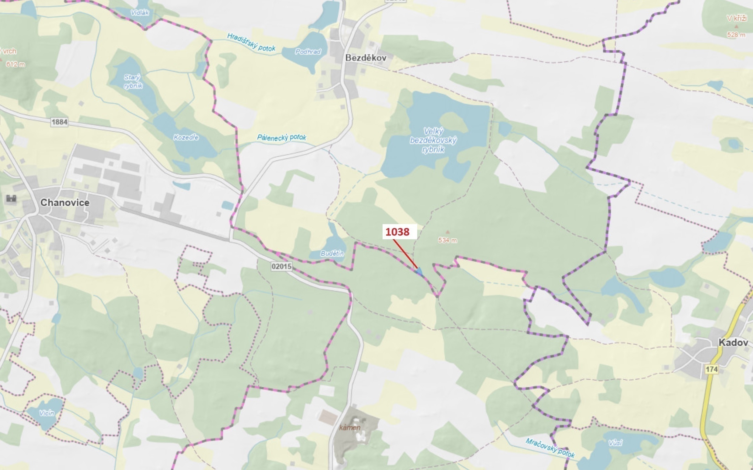 Lesní pozemek o výměře 1 028 m2, podíl 1/1, katastrální území Bezděkov u Kasejovic, obec Hradiště, o