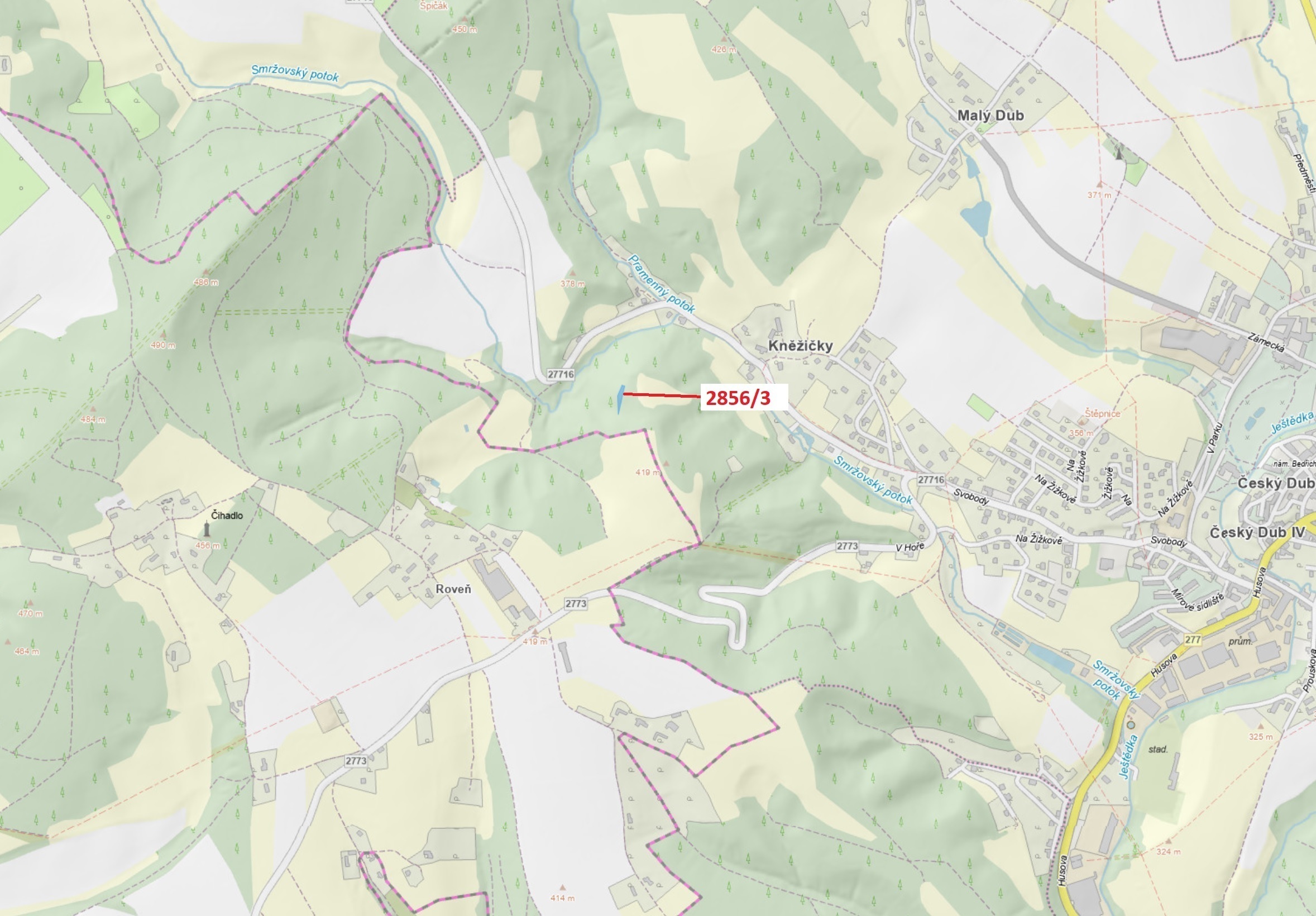 Lesní pozemek o výměře 448 m2, podíl 1/1, katastrální území Český Dub, obec Český Dub, obec s rozšíř