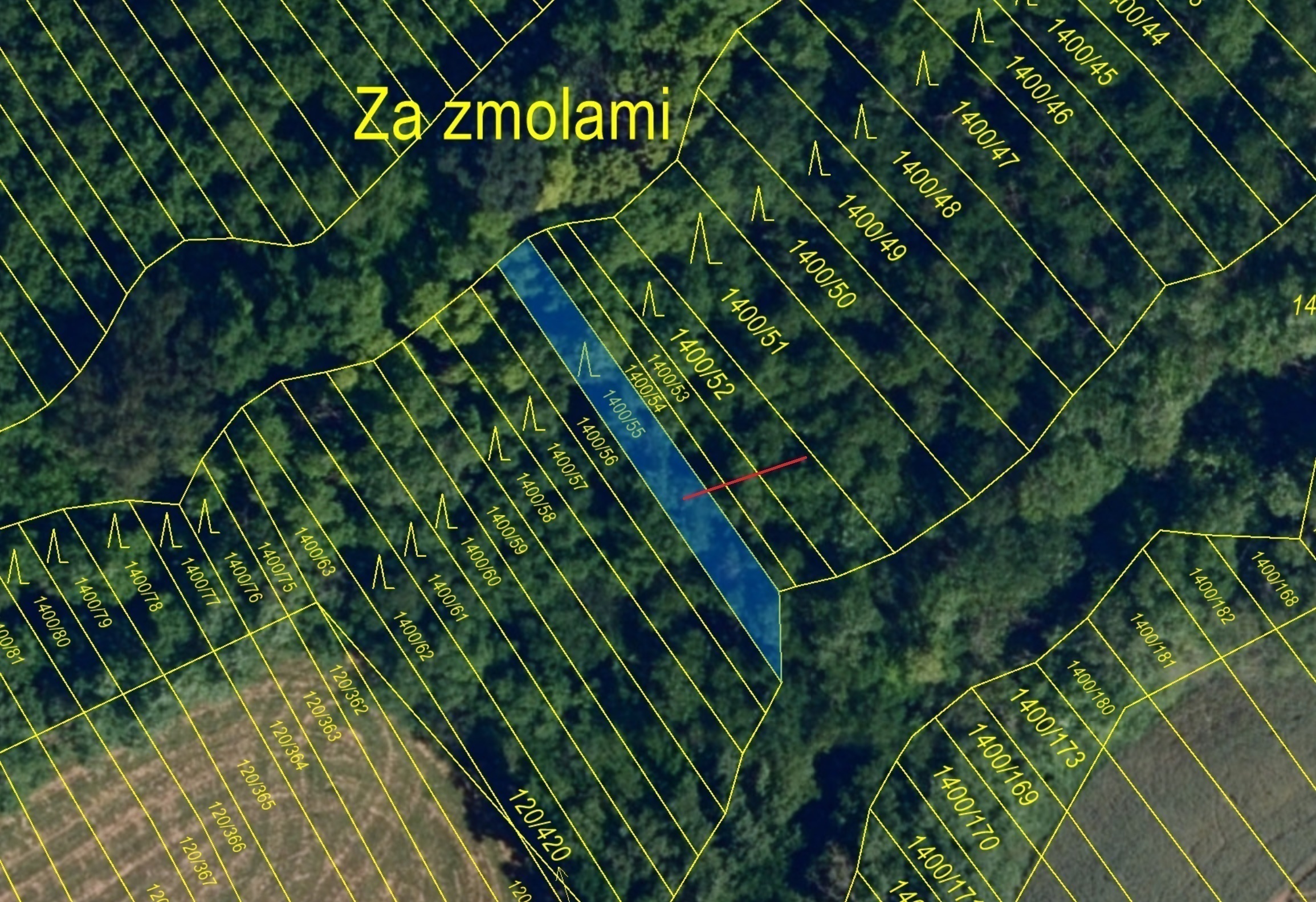 Lesní pozemek o výměře 140 m2, podíl 1/1, katastrální území Budkovice, obec Ivančice, obec s rozšíře