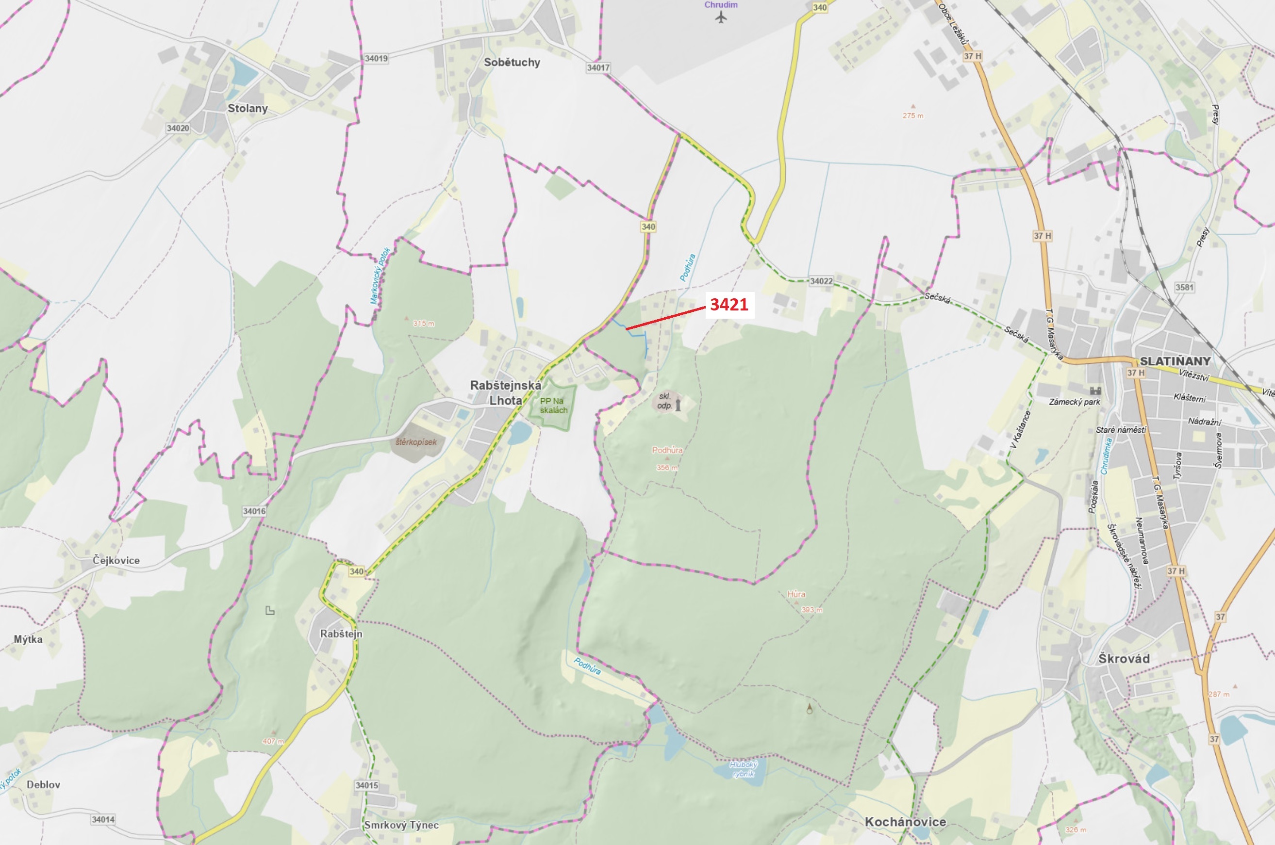 Lesní pozemek o výměře 1417 m2, podíl 1/1, katastrální území Chrudim, obec Chrudim, obec s rozšířeno