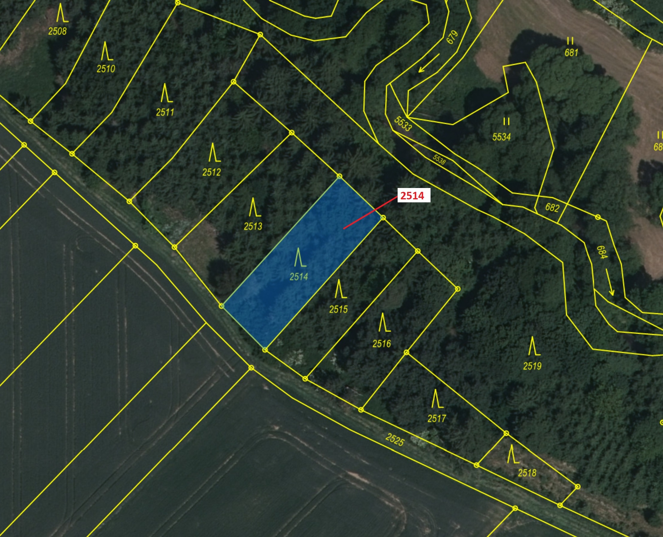 Lesní pozemek o výměře 532 m2, podíl 1/1, katastrální území Chotěbudice, obec Chotěbudice, obec s ro