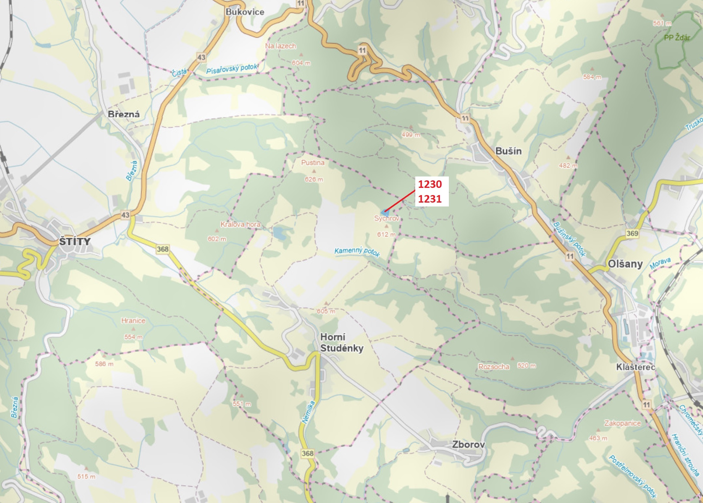 Lesní pozemek o výměře 7904 m2, podíl 1/1, katastrální území Horní Studénky, obec Horní Studénky, ob