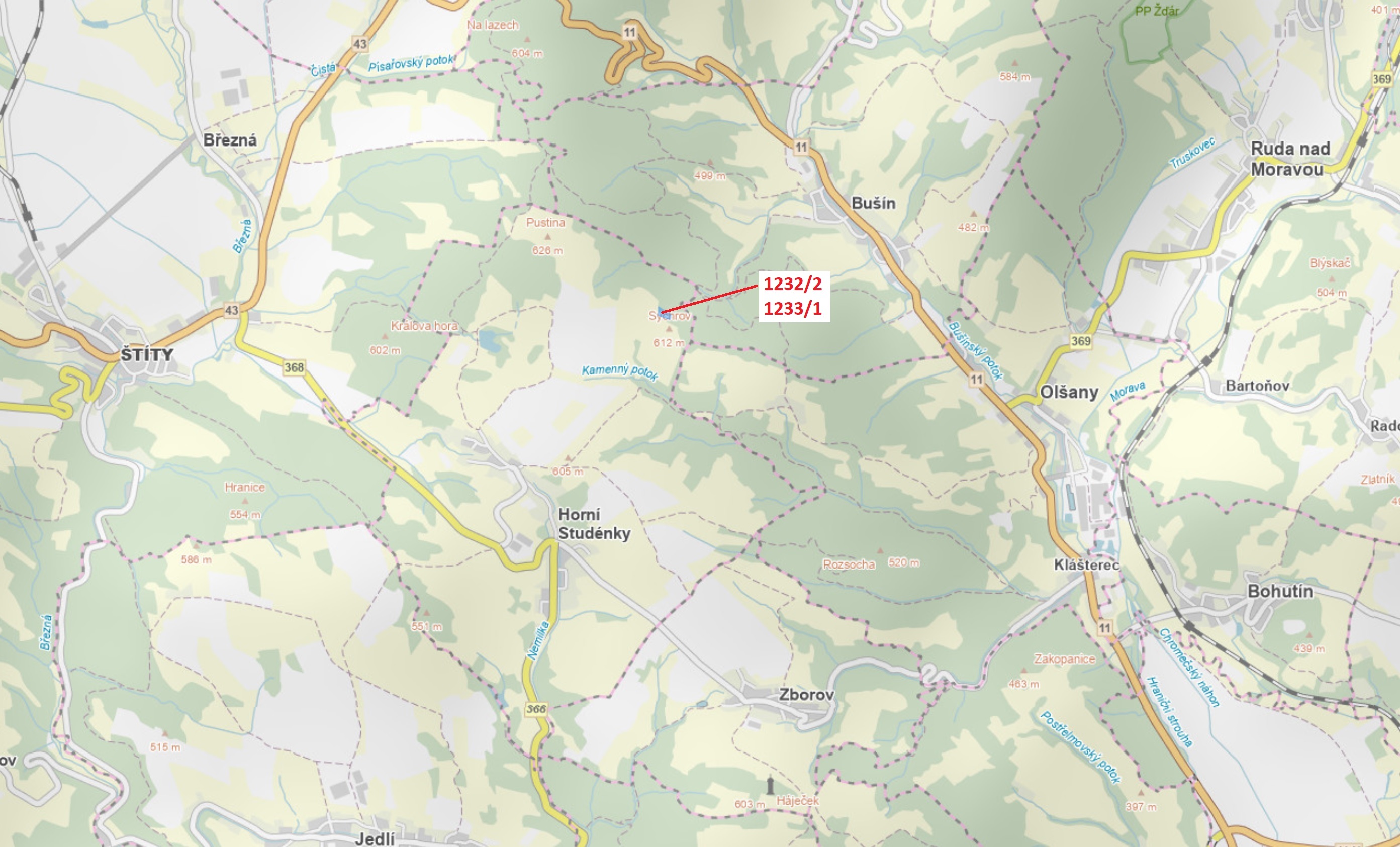 Lesní pozemek o výměře 4514 m2, podíl 1/1, katastrální území Horní Studénky, obec Horní Studénky, ob