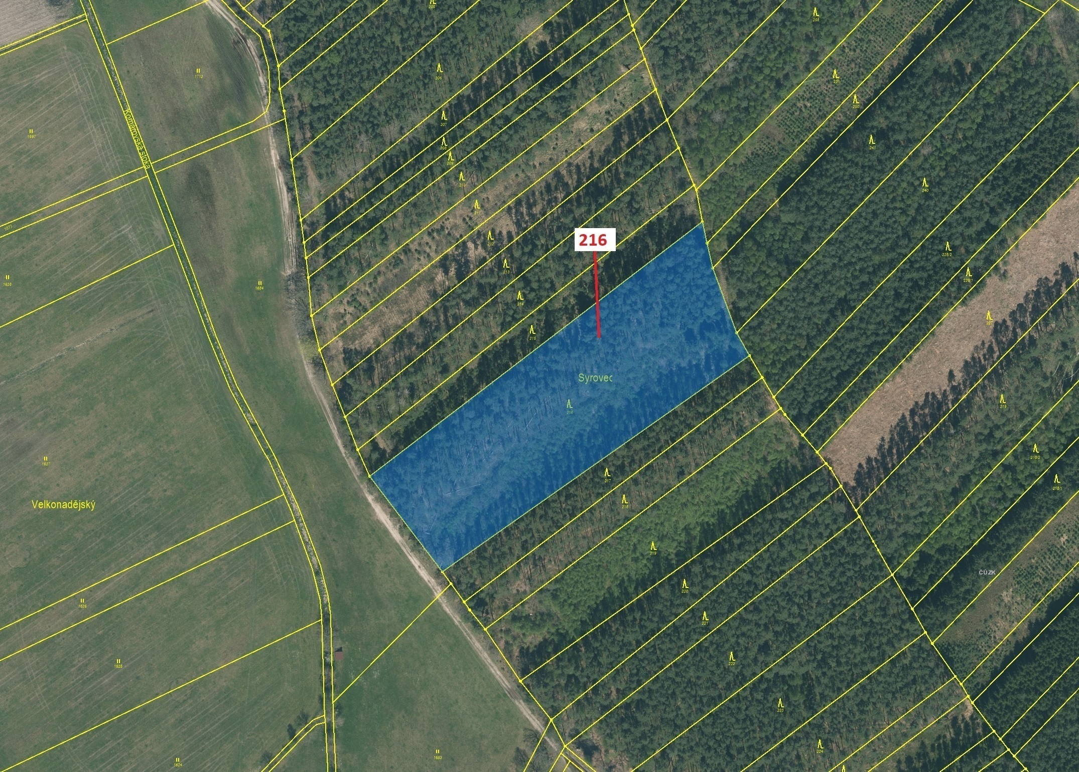 Lesní pozemek o výměře 12 481 m2, podíl 1/1, katastrální území Komárov u Soběslavi, obec Komárov, ob