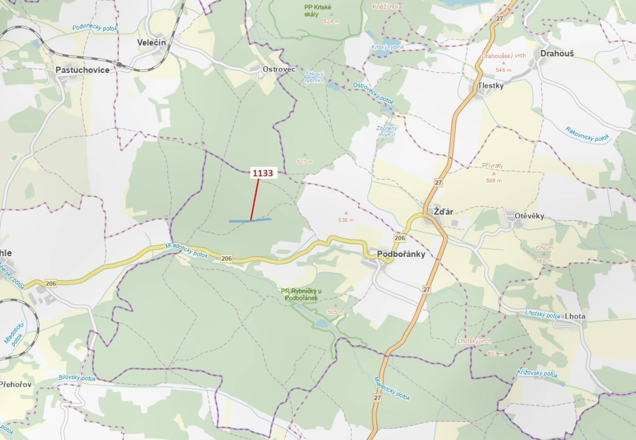 Lesní pozemek o výměře 7 895 m2, podíl 1/1, katastrální území Podbořánky, obec Jesenice, obec s rozš