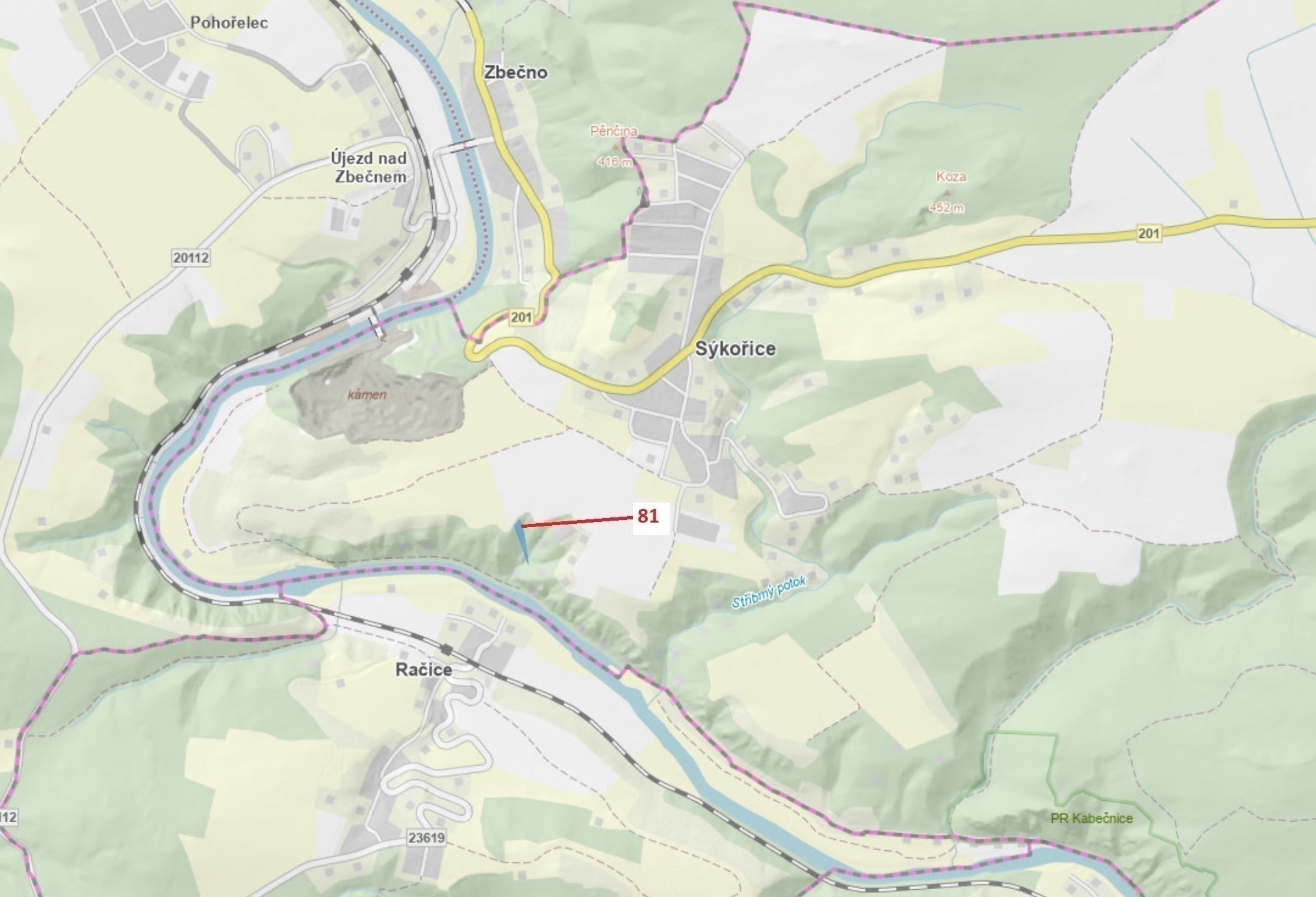 Lesní pozemek o výměře 1 816 m2, podíl 1/1, katastrální území Sýkořice, obec Sýkořice, obec s rozšíř