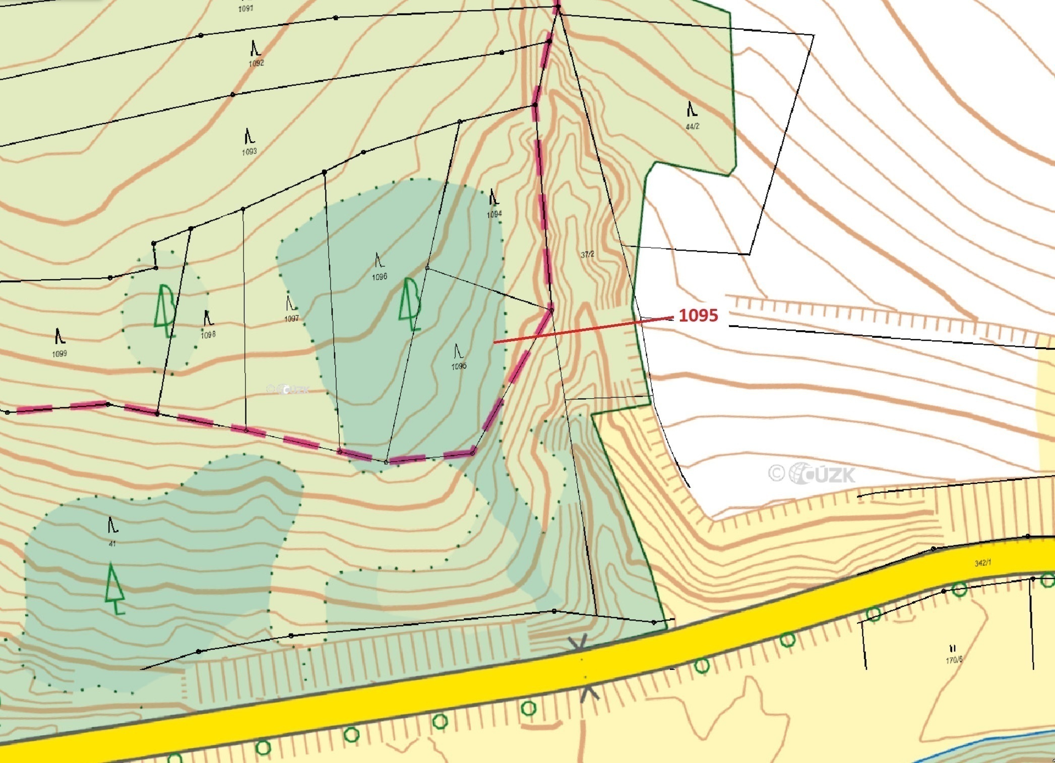 Lesní pozemek o výměře 1427 m2, podíl 1/1, katastrální území Mladoňovice na Moravě, obec Mladoňovice