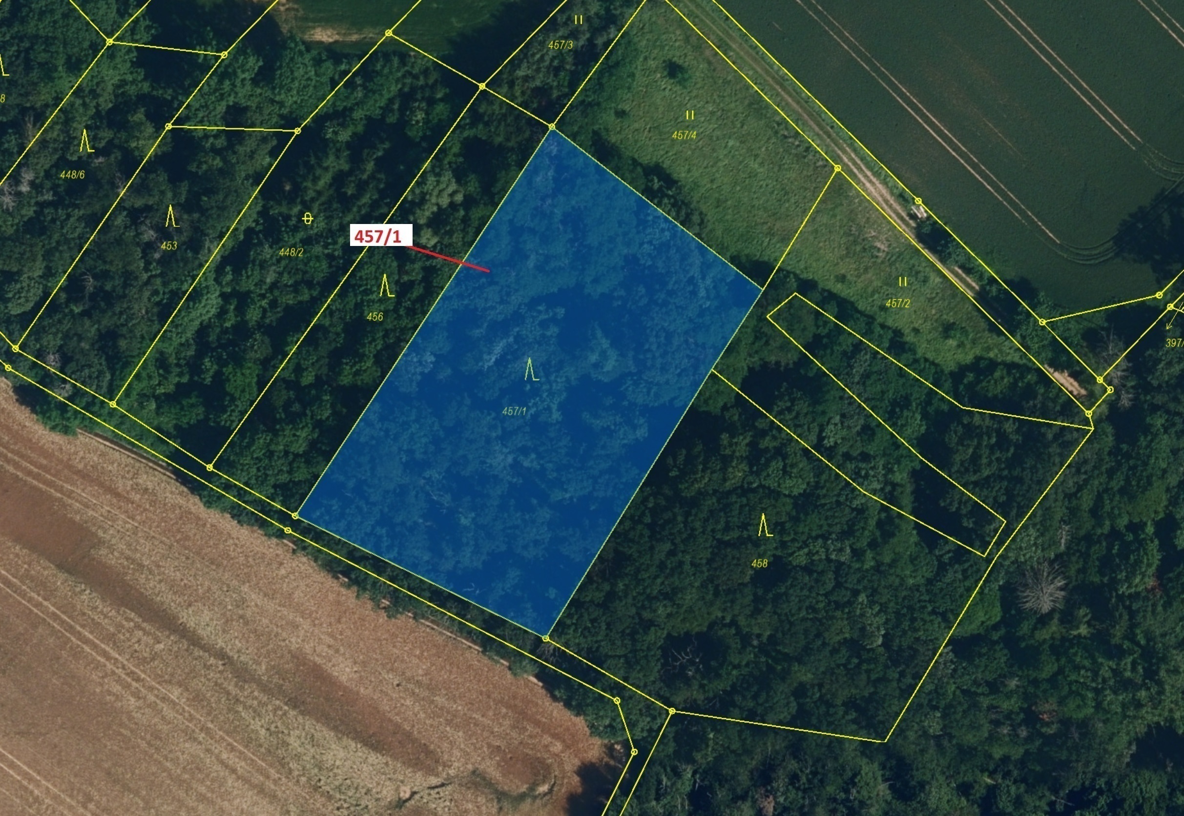 Lesní pozemek o výměře 4115 m2, podíl 1/1, katastrální území Přešovice, obec Přešovice, obec s rozší