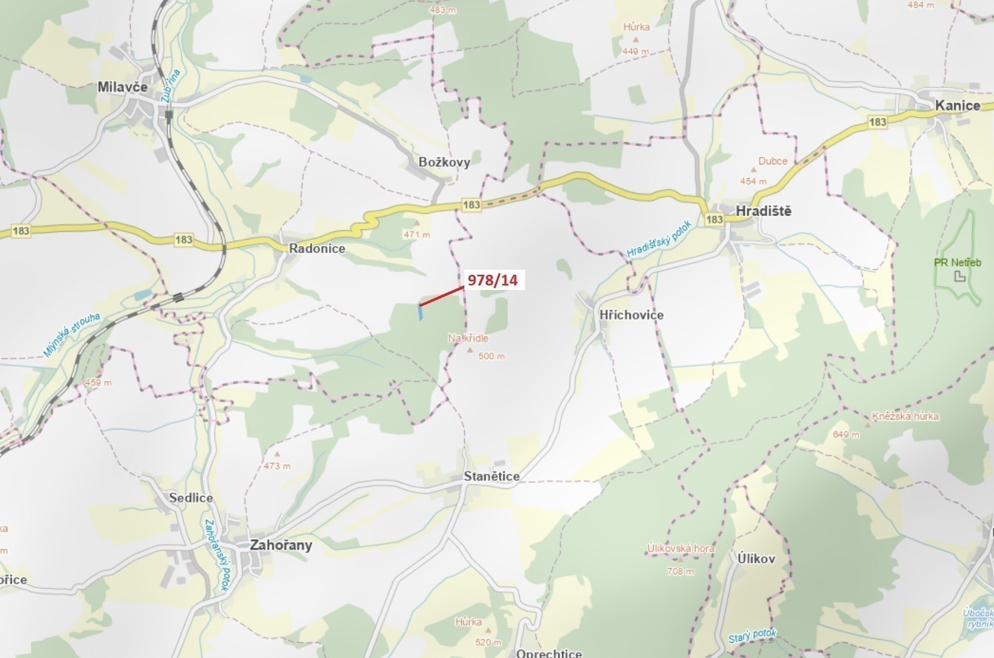 Lesní pozemek o výměře 2762 m2, podíl 1/1, katastrální území Radonice u Milavčí, obec Milavče, obec 
