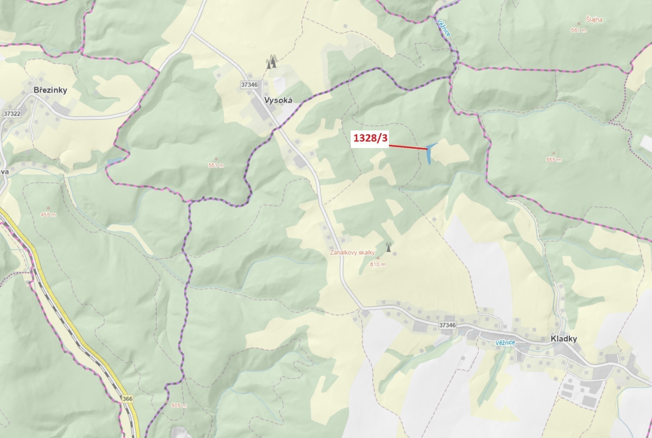 Lesní pozemek o výměře 3057 m2, podíl 1/1, katastrální území Kladky, obec Kladky, obec s rozšířenou 