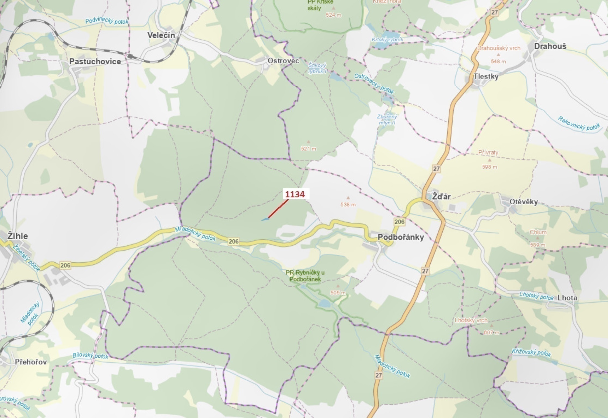 Lesní pozemek o výměře 1636 m2, podíl 1/1, katastrální území Podbořánky, obec Jesenice, obec s rozší