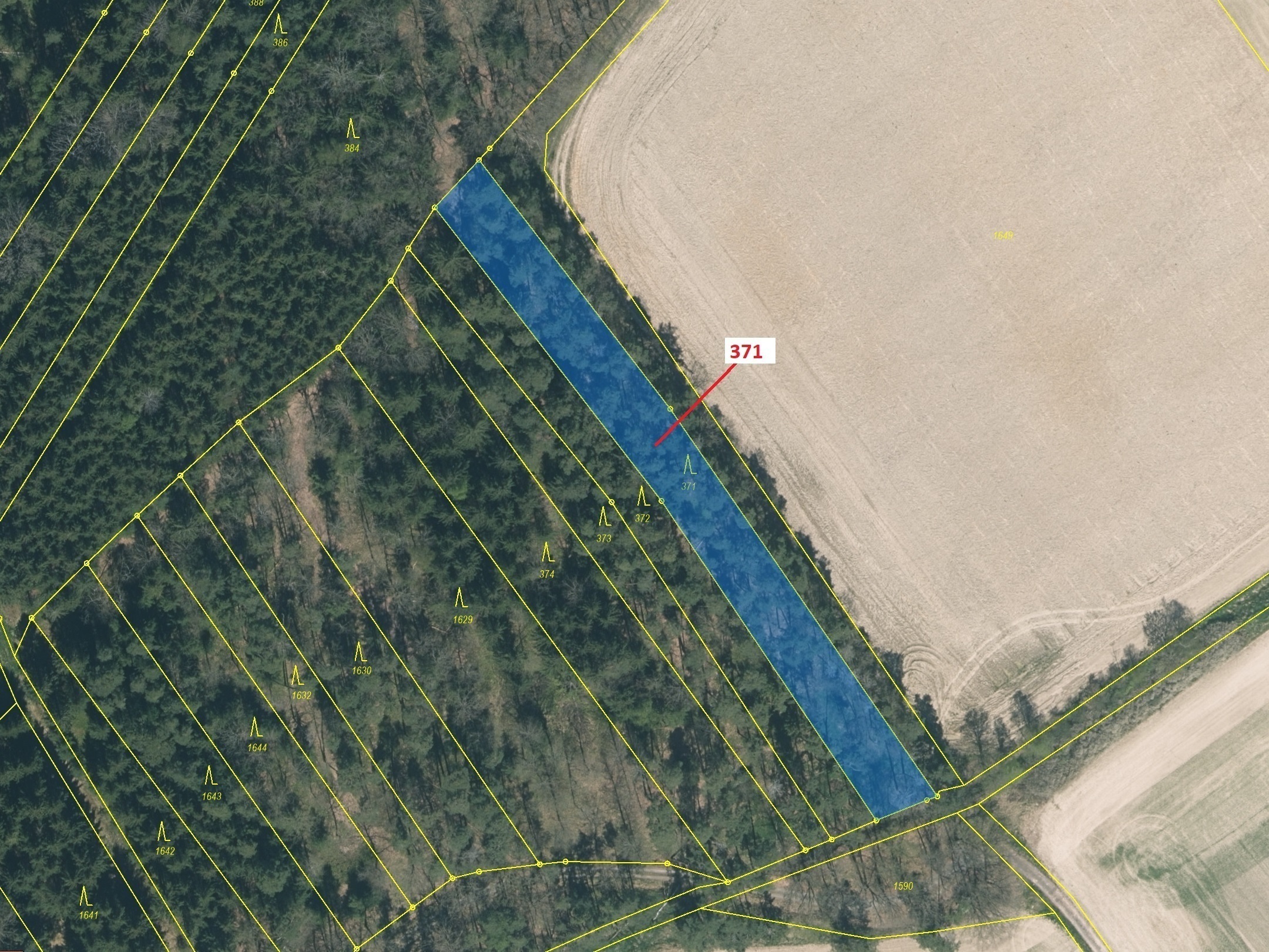 Lesní pozemek o výměře 2175 m2, podíl 1/1, katastrální území Komárov u Soběslavi, obec Komárov, obec