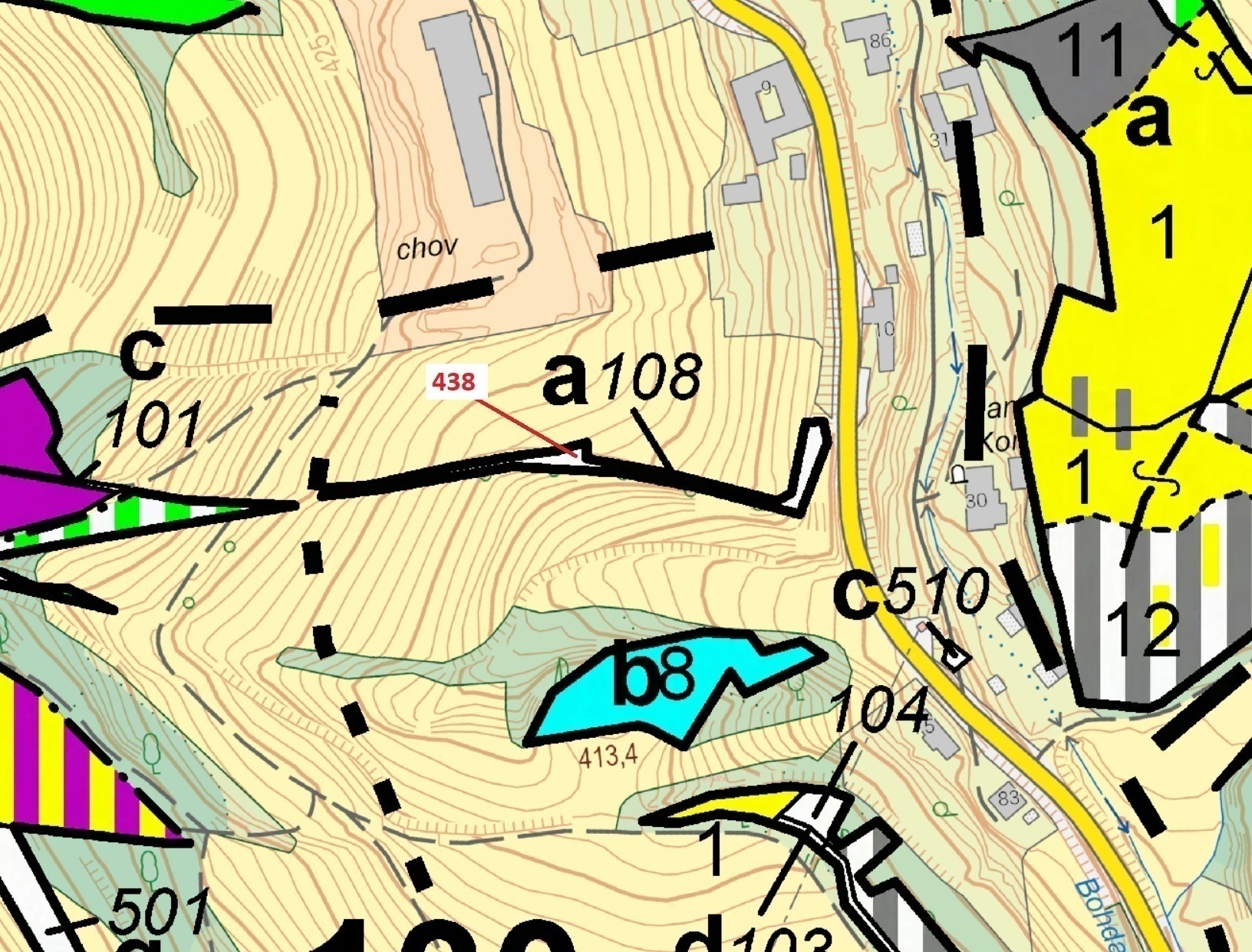 Lesní pozemek o výměře 836 m2, podíl 1/1, katastrální území Bohdalov u Městečka Trnávky, obec Městeč