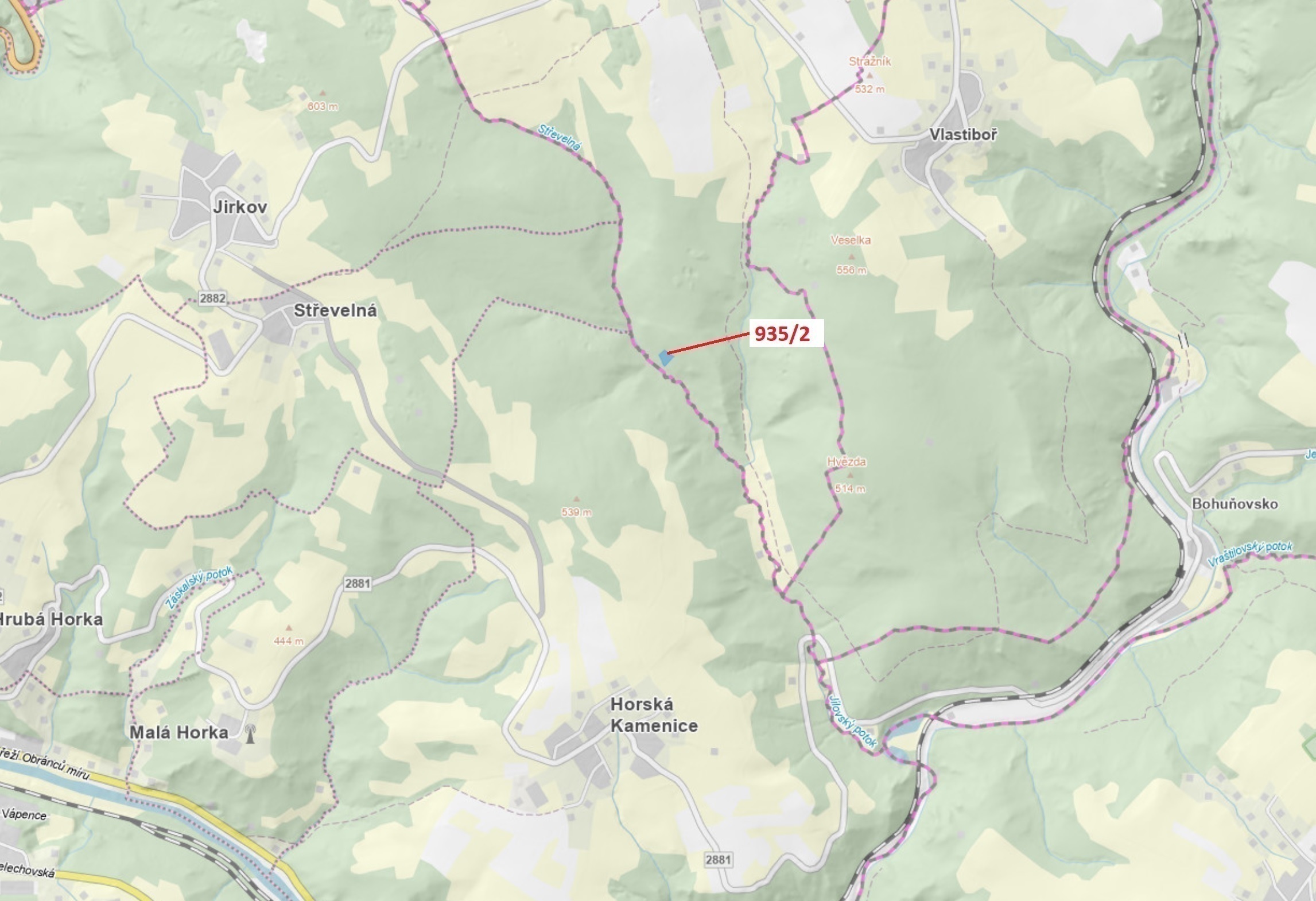 Lesní pozemek o výměře 1684 m2, podíl 1/1, katastrální území Jílové u Držkova, obec Jílové u Držkova