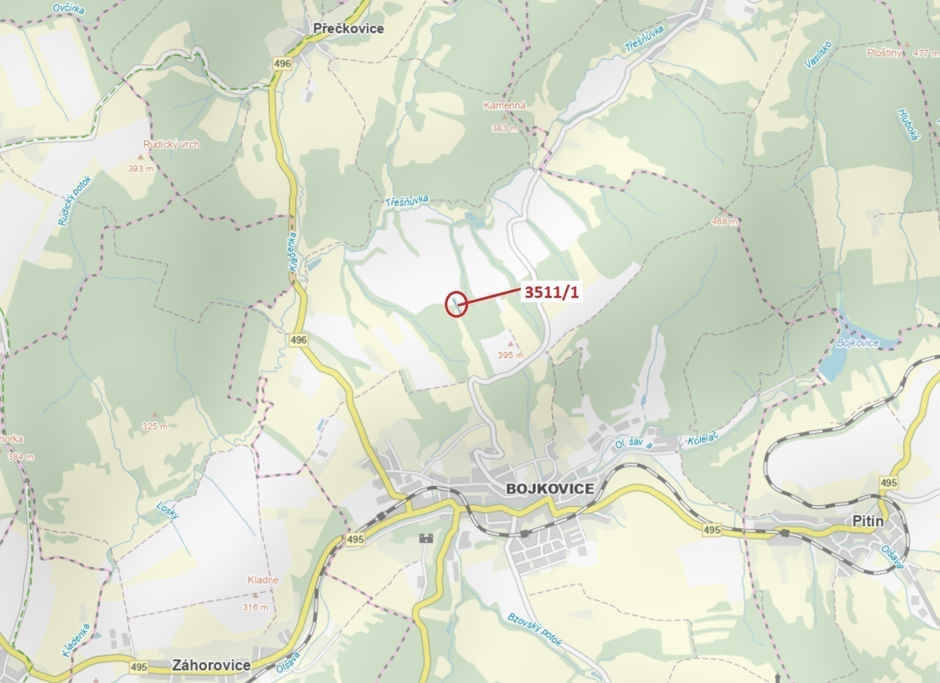 Lesní pozemek o výměře 420 m2, podíl 1/1, katastrální území Bojkovice, obec Bojkovice, obec s rozšíř