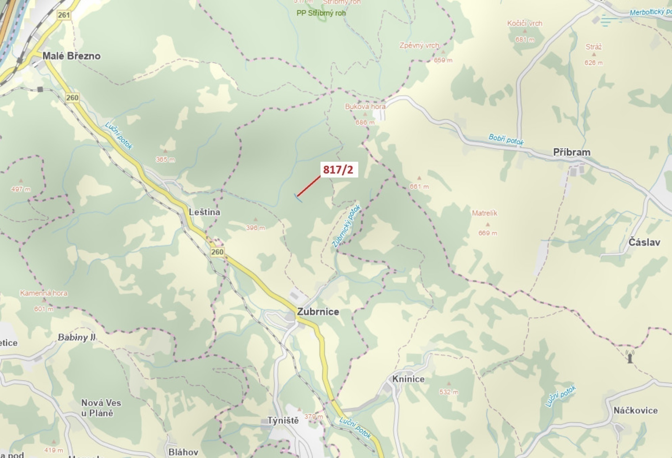 Lesní pozemek o výměře 815 m2, podíl  9/10, katastrální území Zubrnice, obec Zubrnice, obec s rozšíř