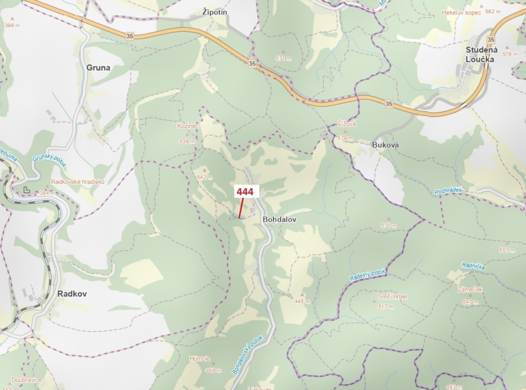 Lesní pozemek o výměře 302 m2, podíl 1/1, katastrální území Bohdalov u Městečka Trnávky, obec Městeč