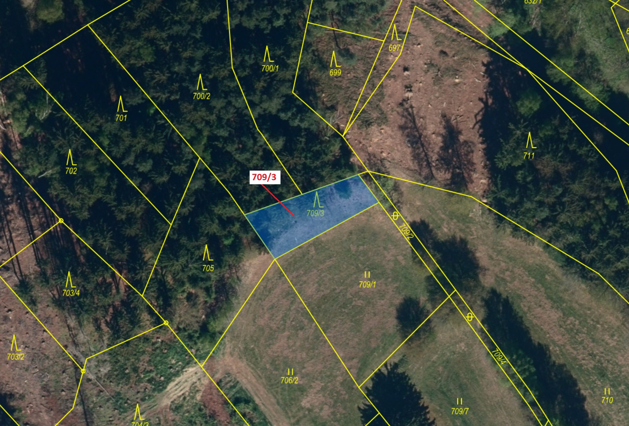 Lesní pozemek o výměře 350 m2, podíl 1/1, katastrální území Křepiny, obec Řečice, obec s rozšířenou 