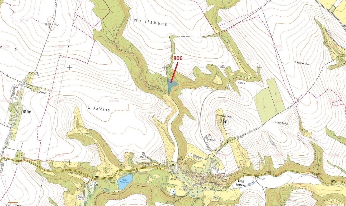 Lesní pozemek o výměře 8141 m2, podíl 1/1, katastrální území Velký Hubenov, obec Snědovice, obec s r