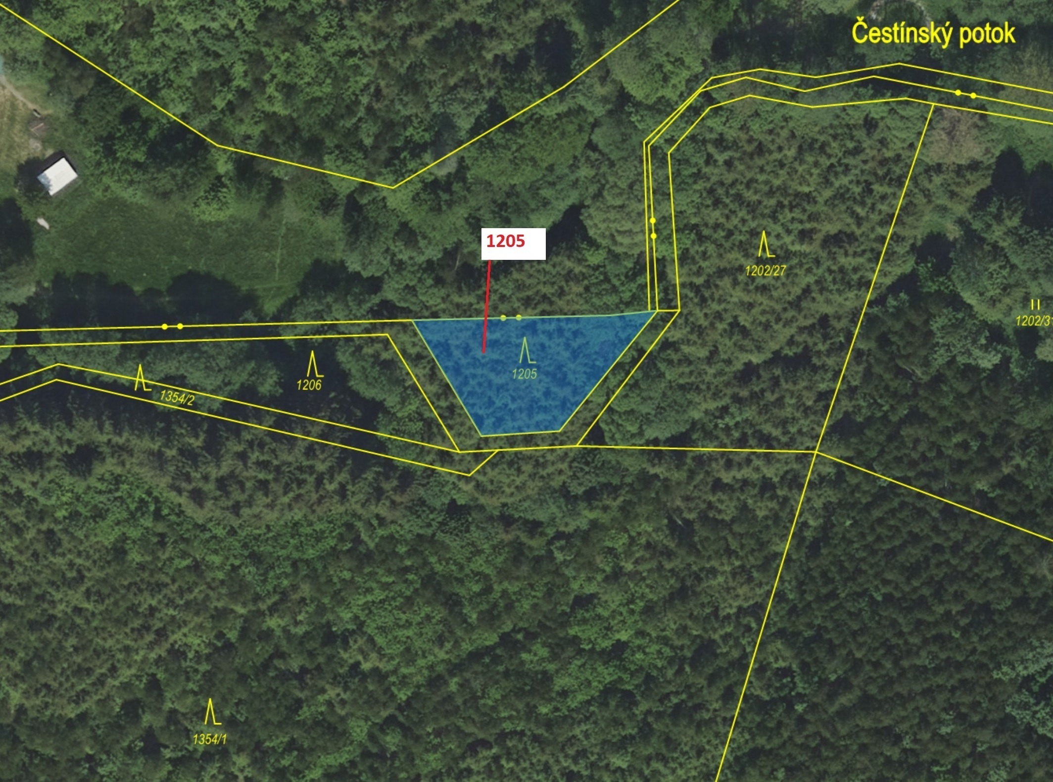Lesní pozemek o výměře 518 m2, podíl 1/1, katastrální území Kněž u Čestína, obec Čestín, obec s rozš