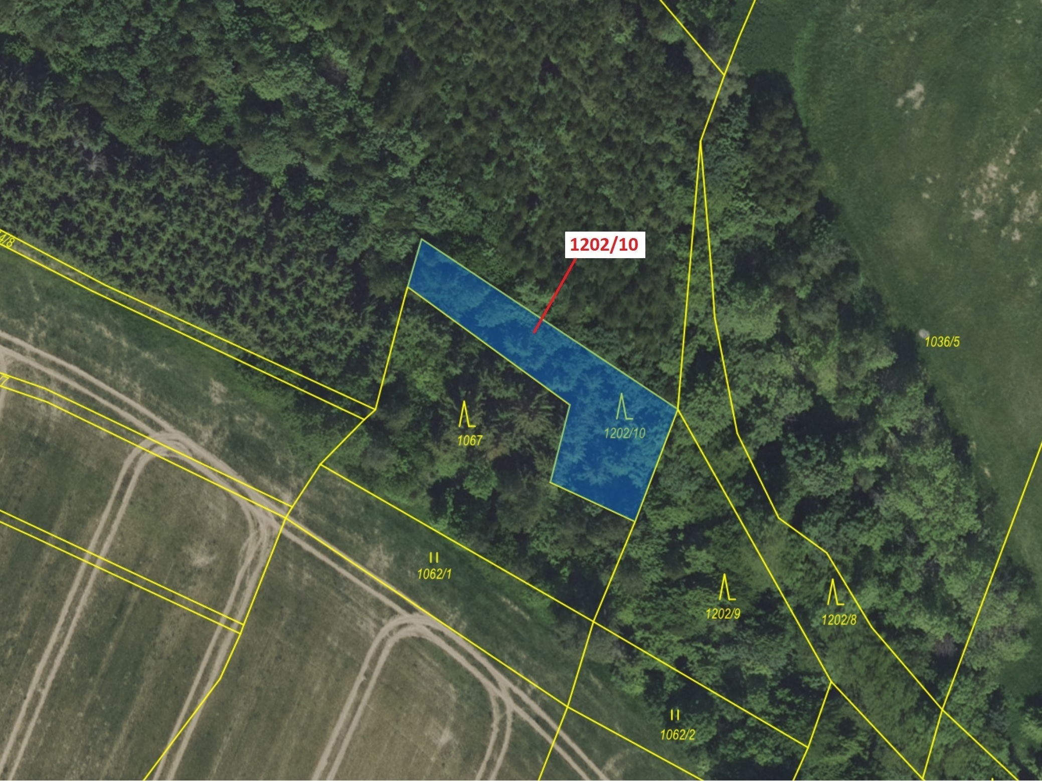 Lesní pozemek o výměře 557 m2, podíl 1/1, katastrální území Kněž u Čestína, obec Čestín, obec s rozš