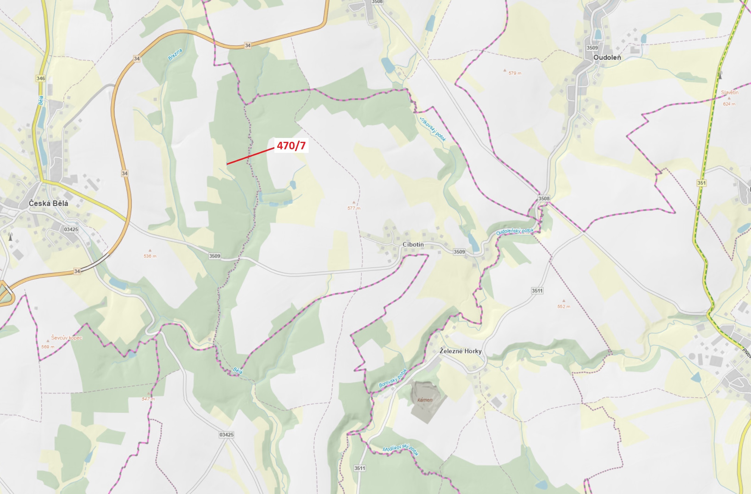 Lesní pozemek o výměře 90 m2, podíl 1/1, katastrální území Česká Bělá, obec Česká Bělá, obec s rozší