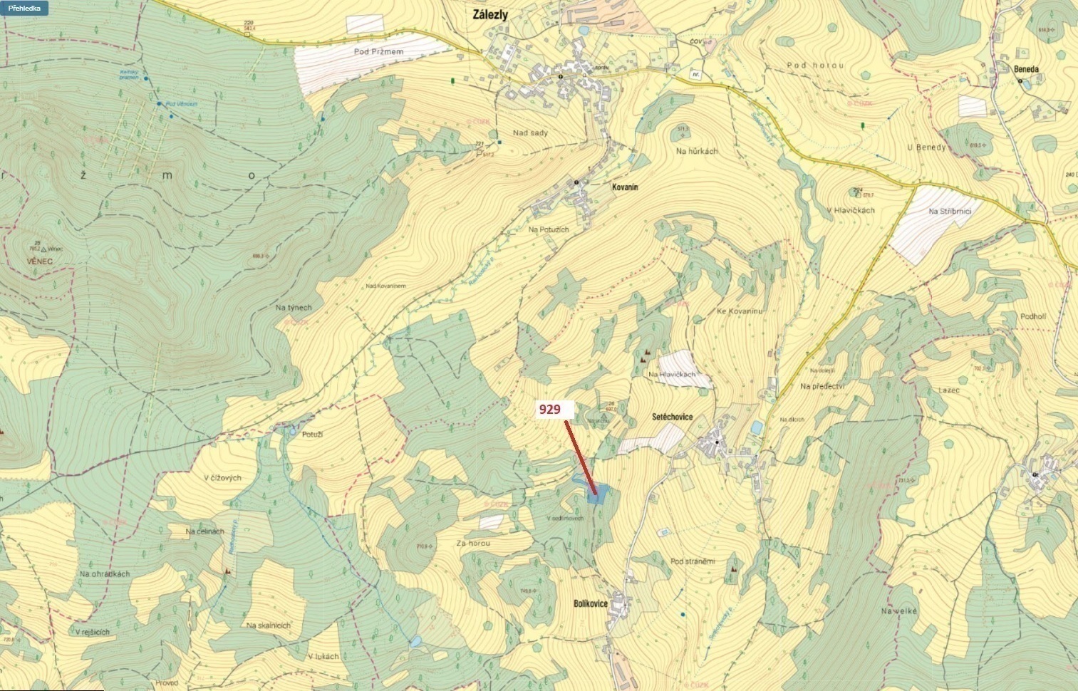 Lesní pozemek o výměře 5 736 m2, podíl 1/1, katastrální území Setěchovice, obec Zálezly, obec s rozš
