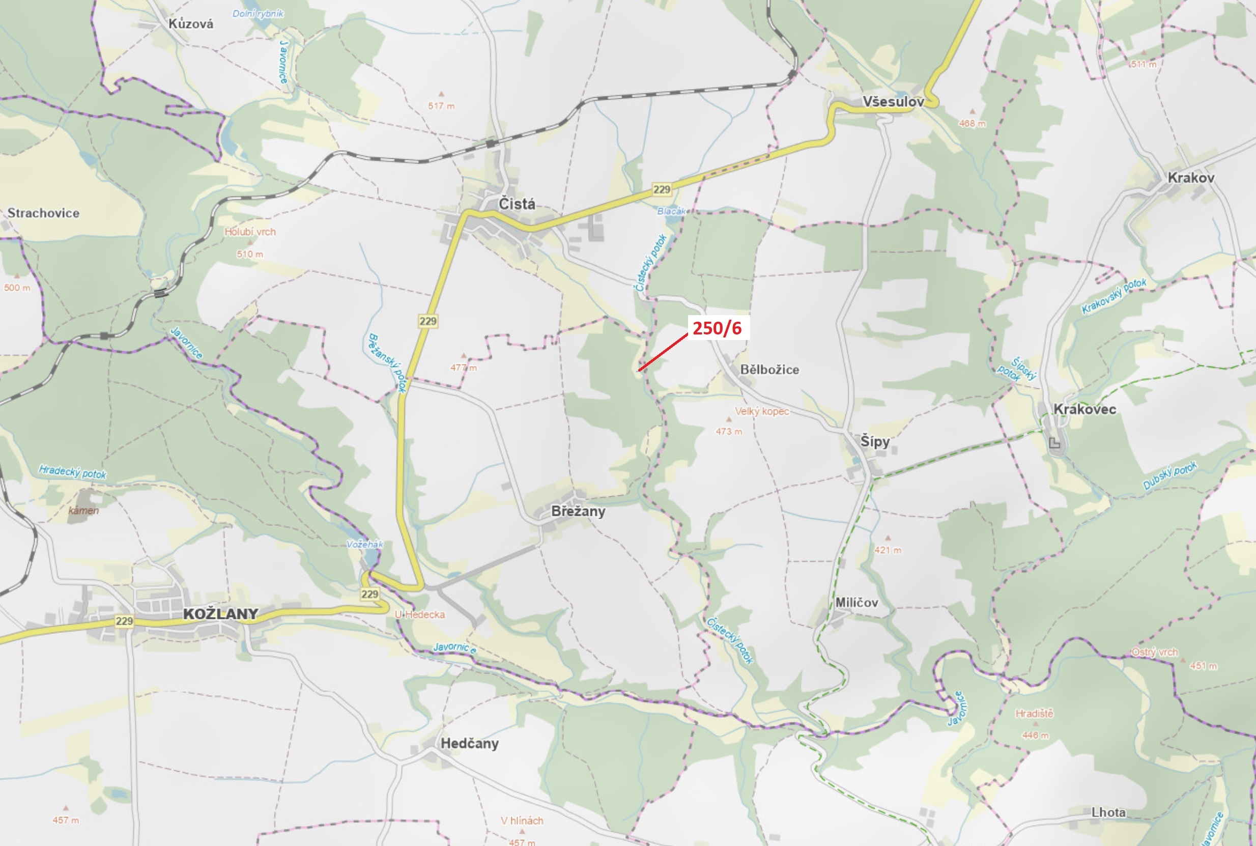 Lesní pozemek o výměře 9 m2, podíl 1/1, katastrální území Břežany u Rakovníka, obec Břežany, obec s 