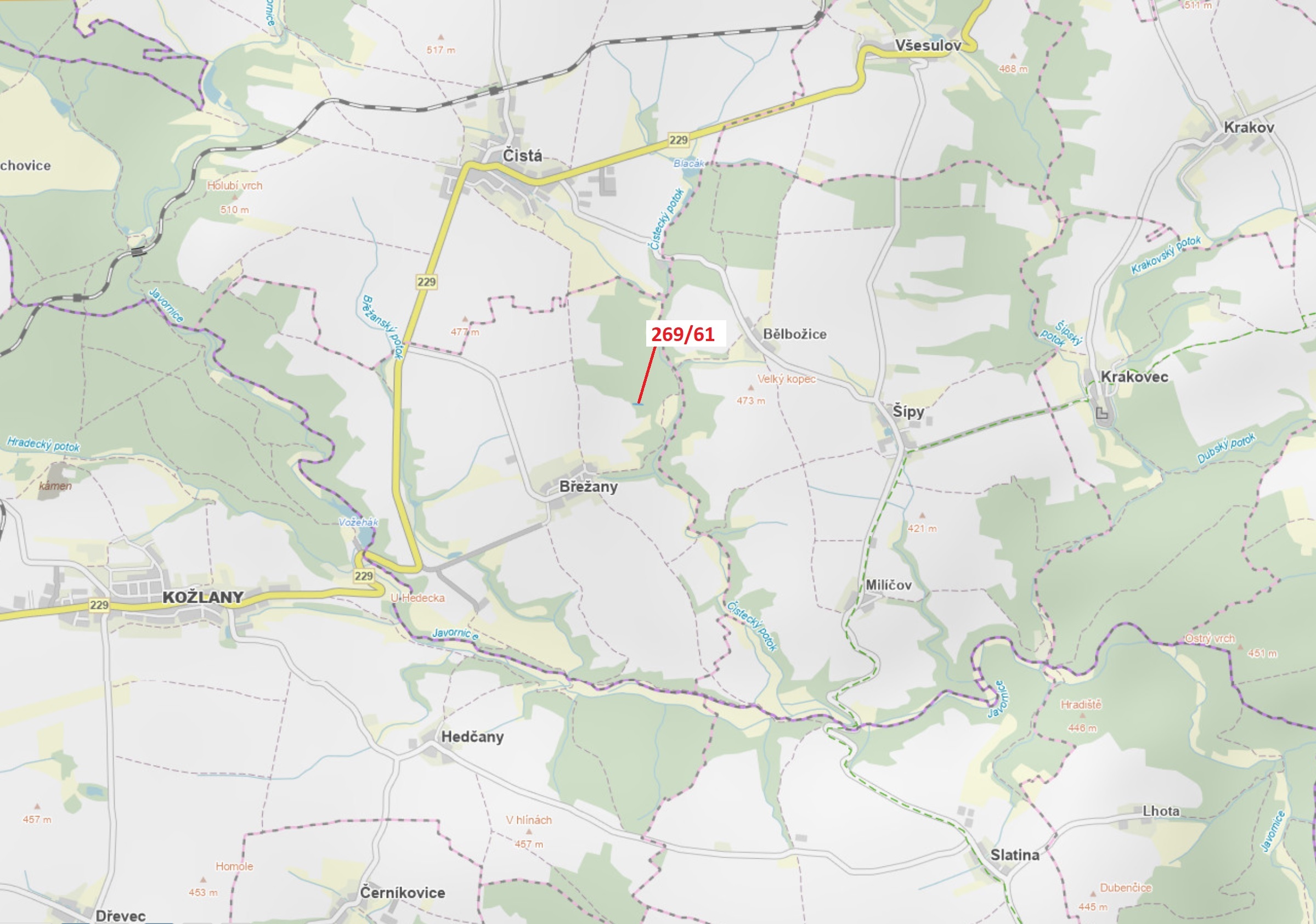 Lesní pozemek o výměře 425 m2, podíl 1/1, katastrální území Břežany u Rakovníka, obec Břežany, obec 