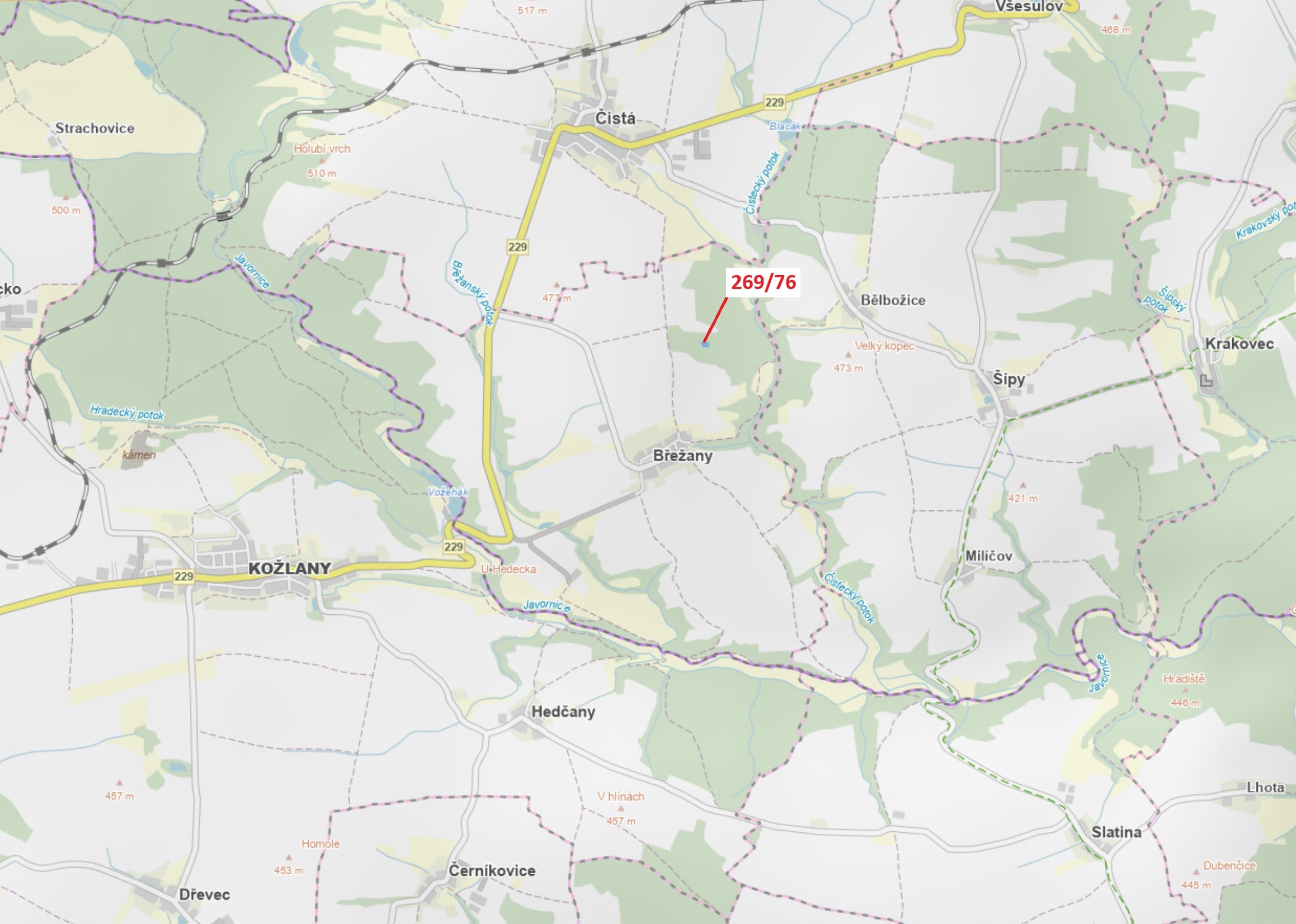 Lesní pozemek o výměře 1457 m2, podíl 1/1, katastrální území Břežany u Rakovníka, obec Břežany, obec