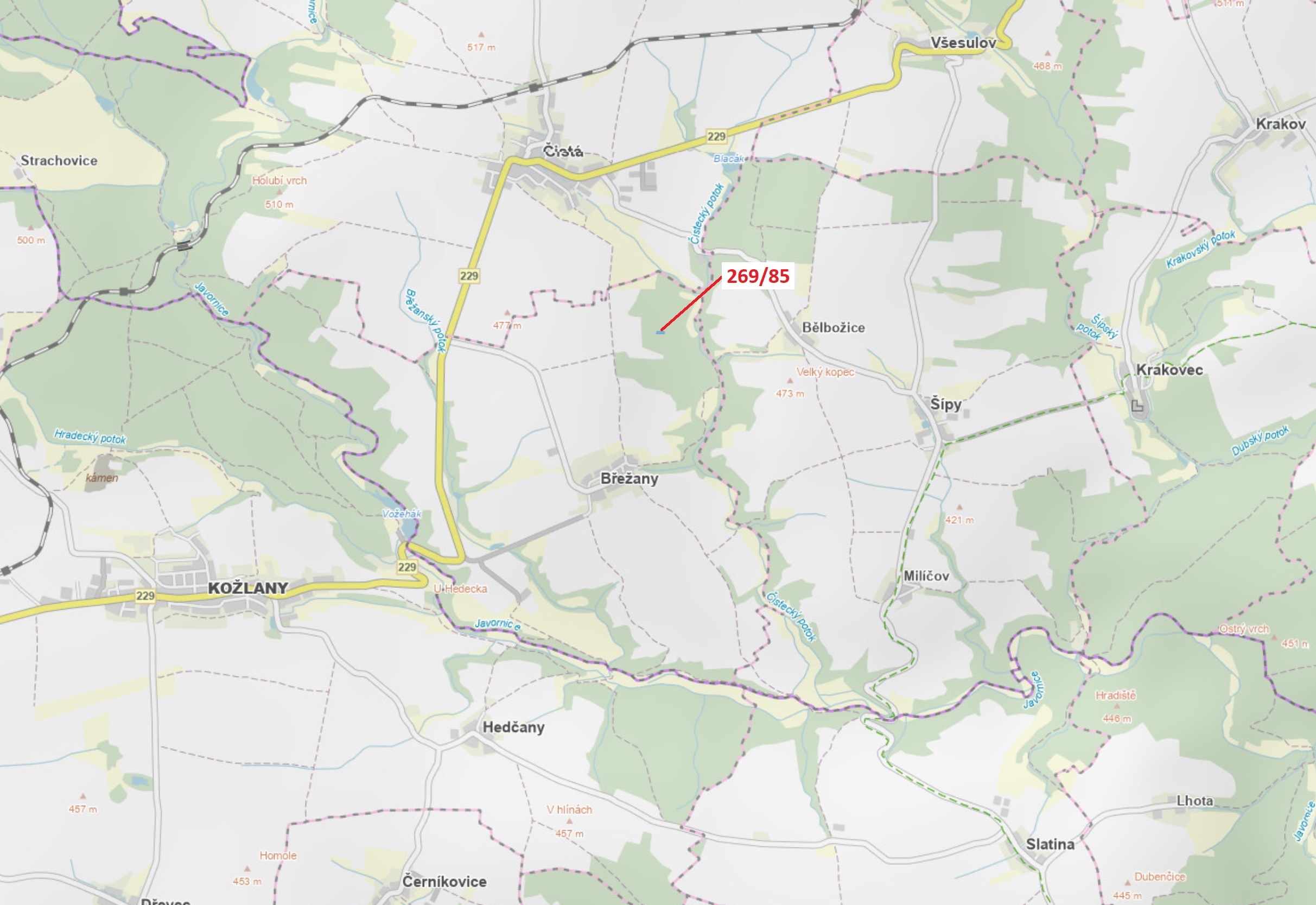 Lesní pozemek o výměře 1049 m2, podíl 1/1, katastrální území Břežany u Rakovníka, obec Břežany, obec