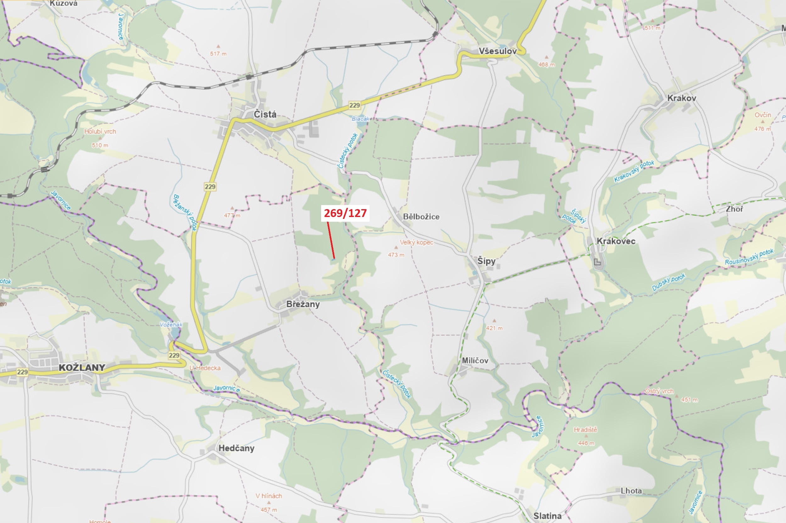 Lesní pozemek o výměře 186 m2, podíl 1/1, katastrální území Břežany u Rakovníka, obec Břežany, obec 