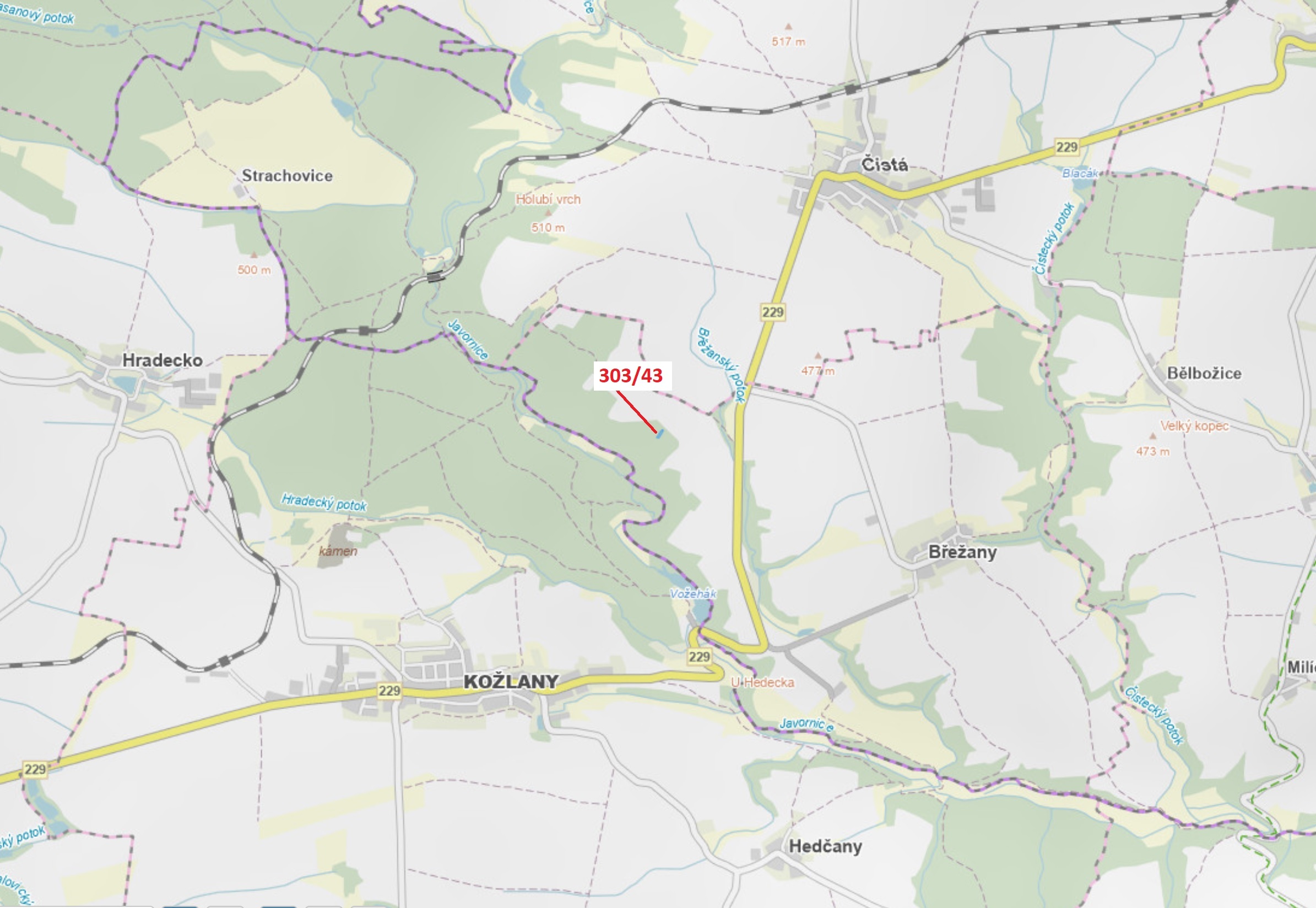 Lesní pozemek o výměře 995 m2, podíl 1/1, katastrální území Břežany u Rakovníka, obec Břežany, obec 