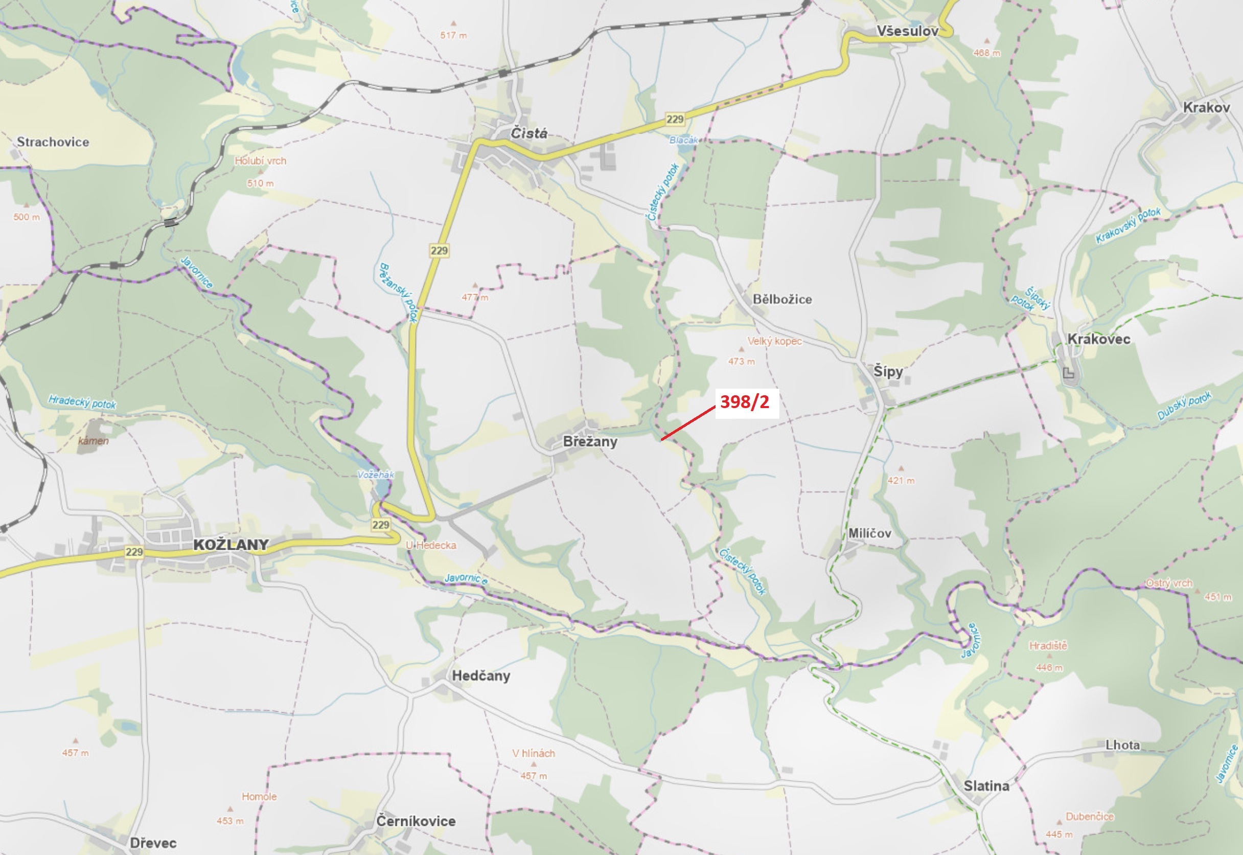 Lesní pozemek o výměře 63 m2, podíl 1/1, katastrální území Břežany u Rakovníka, obec Břežany, obec s