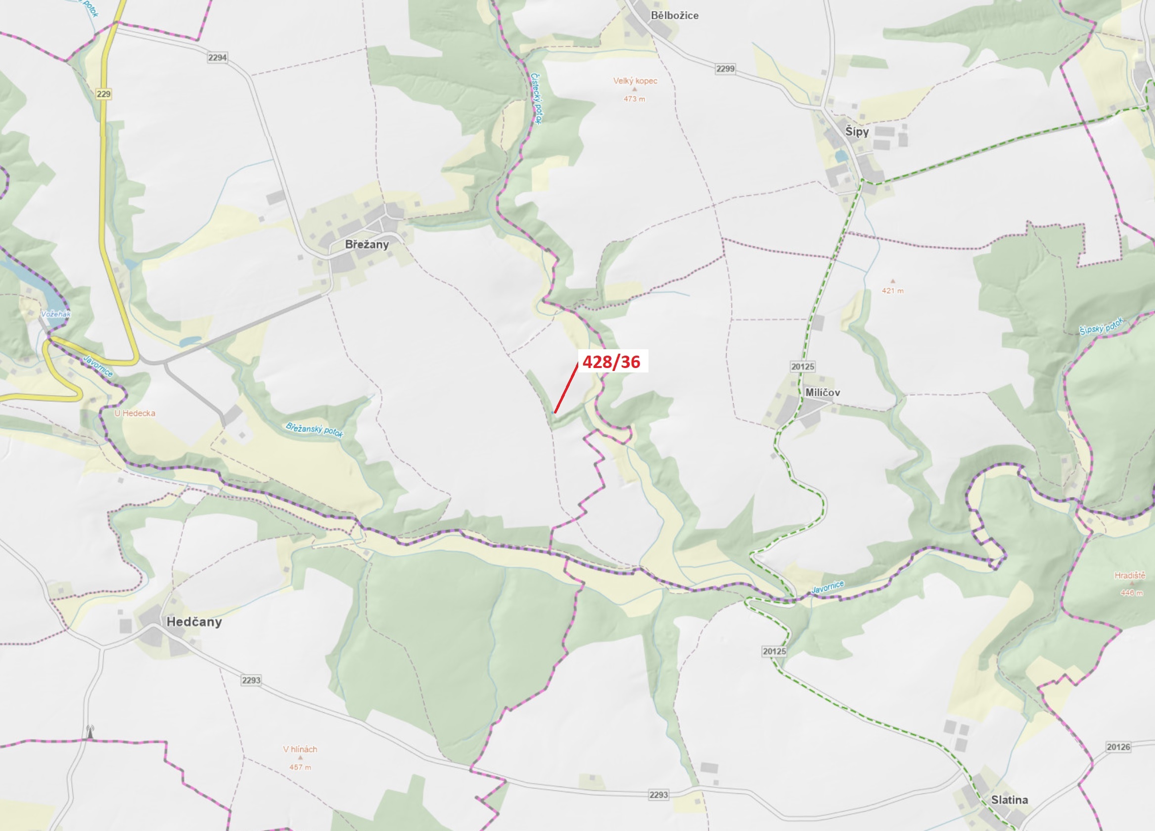 Lesní pozemek o výměře 68 m2, podíl 1/1, katastrální území Břežany u Rakovníka, obec Břežany, obec s