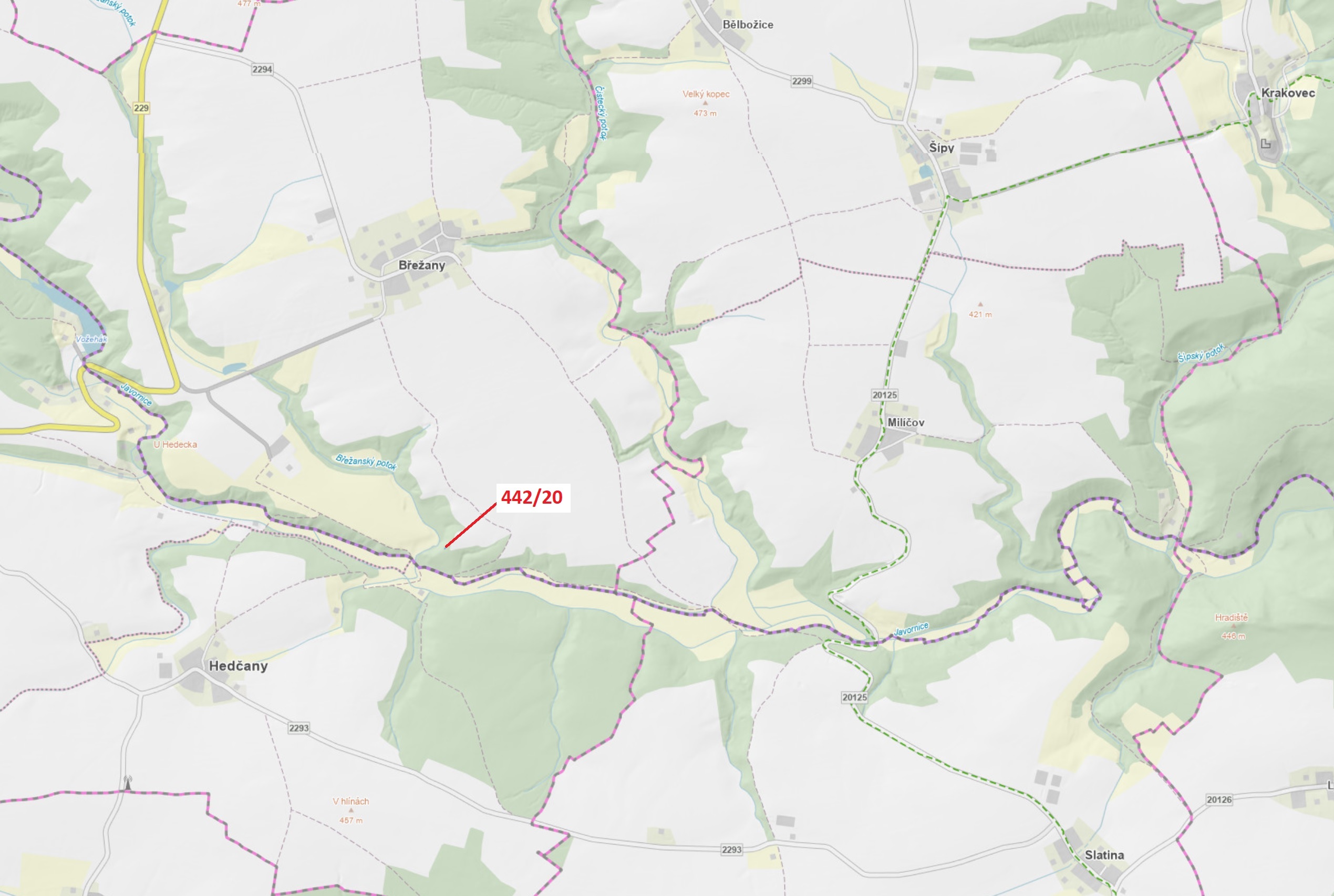 Lesní pozemek o výměře 33 m2, podíl 1/1, katastrální území Břežany u Rakovníka, obec Břežany, obec s