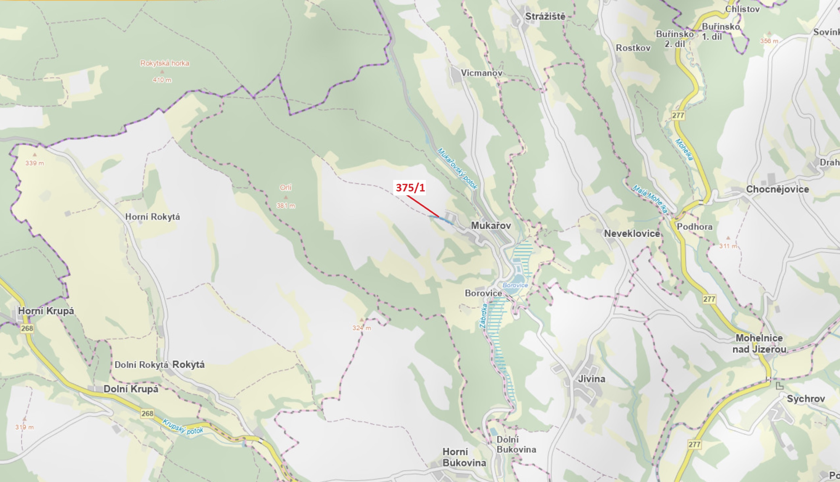 Ostatní plocha o výměře 2892 m2, podíl 1/1, katastrální území Mukařov u Jiviny, obec Mukařov, obec s