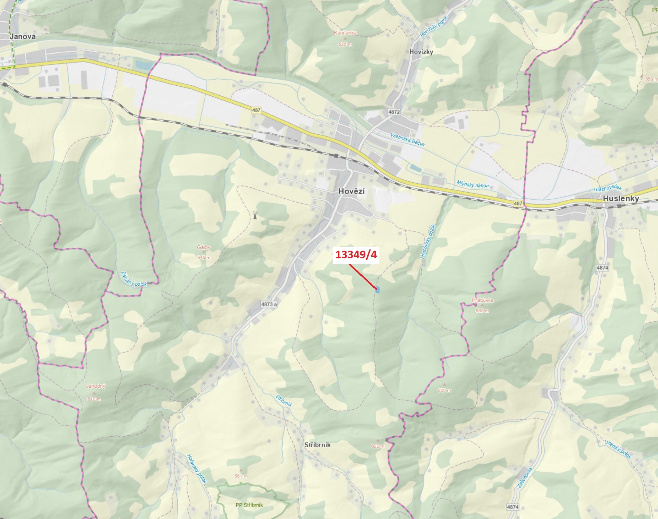 Trvalý travní porost o výměře 1222 m2, podíl 1/1, katastrální území Hovězí, obec Hovězí, obec s rozš