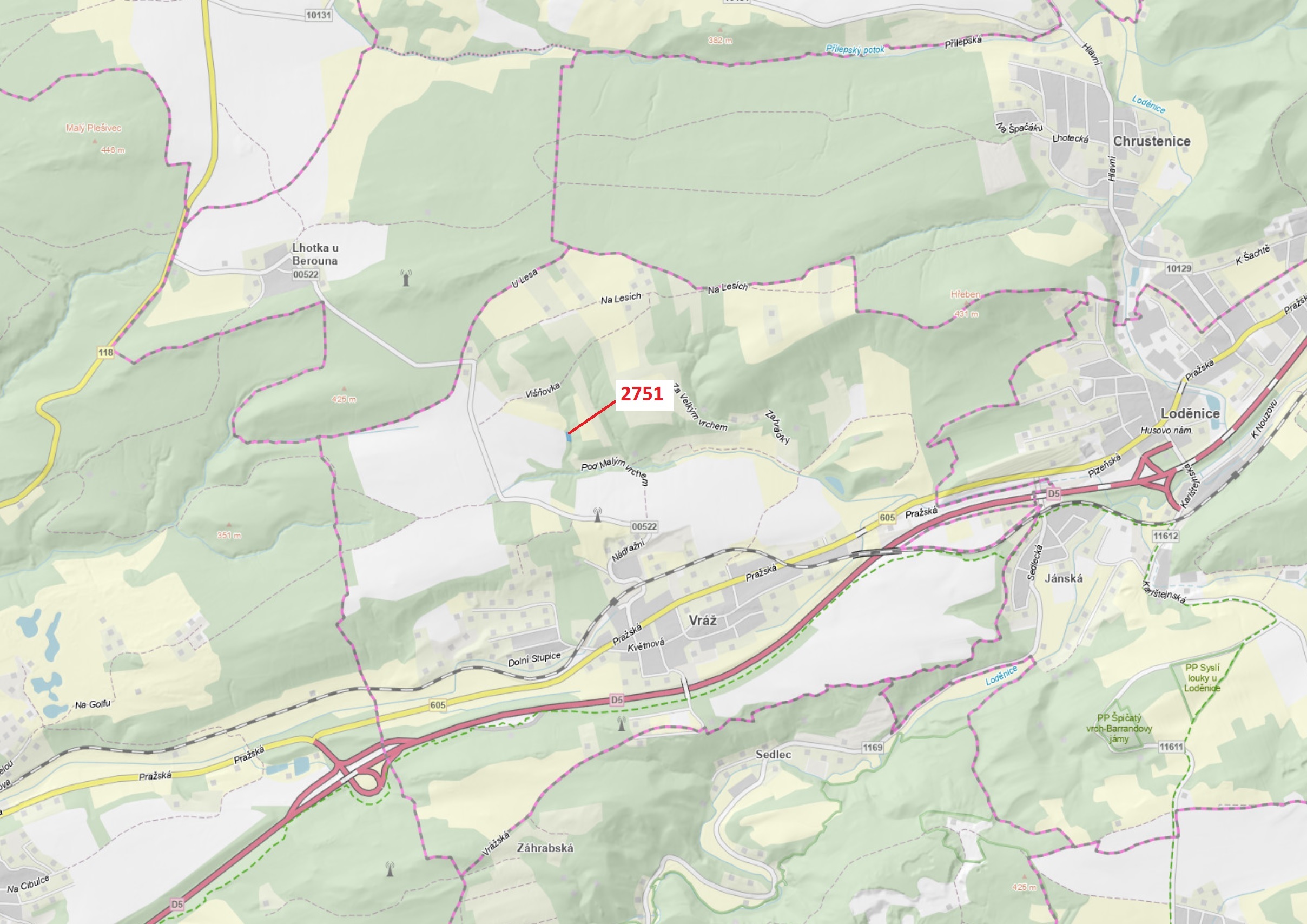 Lesní pozemek o výměře 706 m2, podíl 1/1, katastrální území Vráž u Berouna, obec Vráž, obec s rozšíř