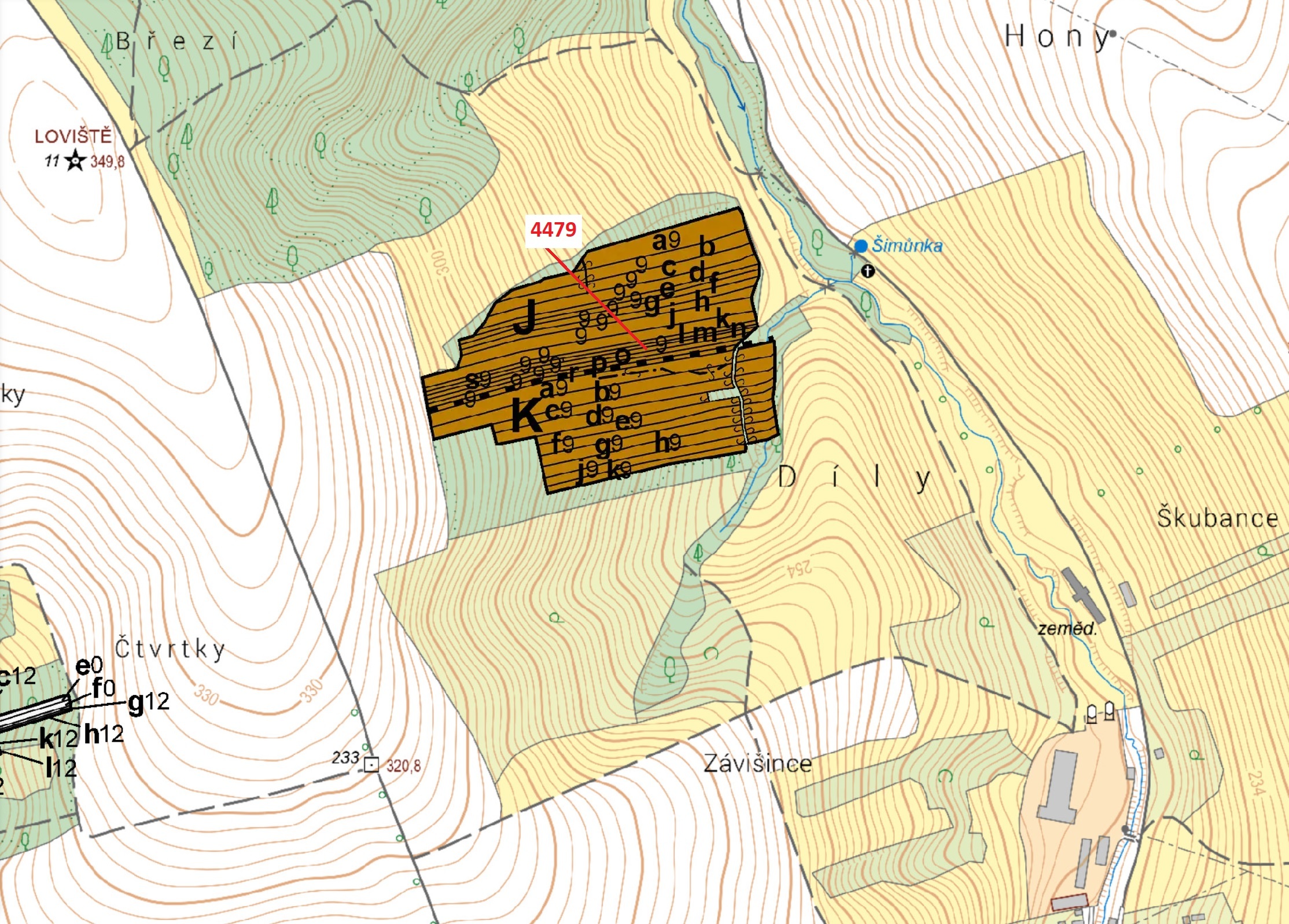 Lesní pozemek o výměře 782 m2, podíl 1/1, katastrální území Hradčovice, obec Hradčovice, obec s rozš