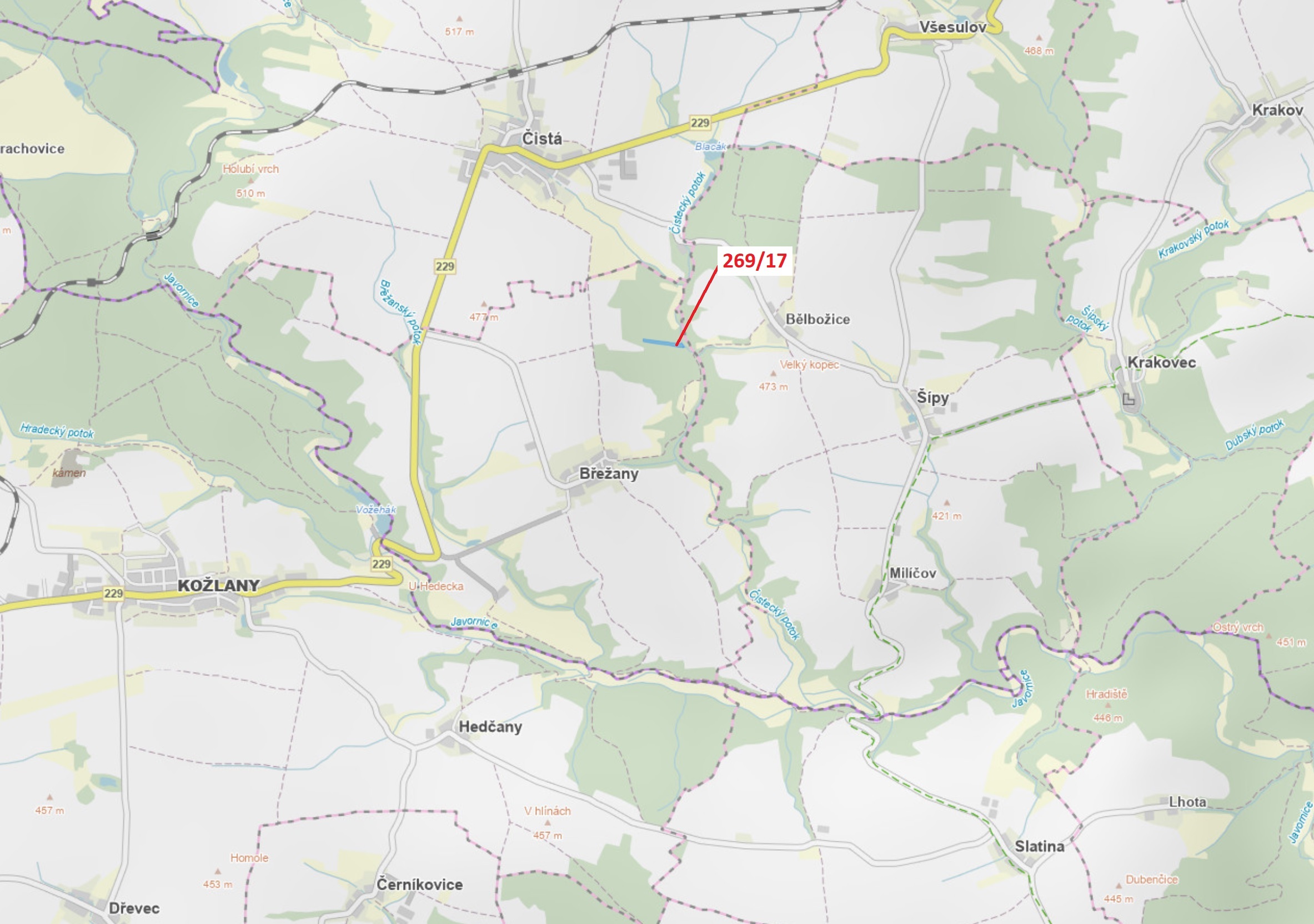 Lesní pozemek o výměře 7469 m2, podíl 1/1, katastrální území Břežany u Rakovníka, obec Břežany, obec