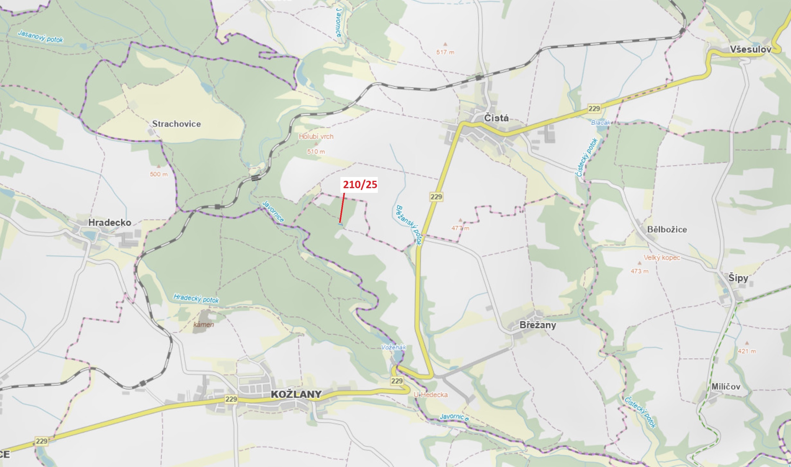 Lesní pozemek o výměře 198 m2, podíl 1/1, katastrální území Břežany u Rakovníka, obec Břežany, obec 